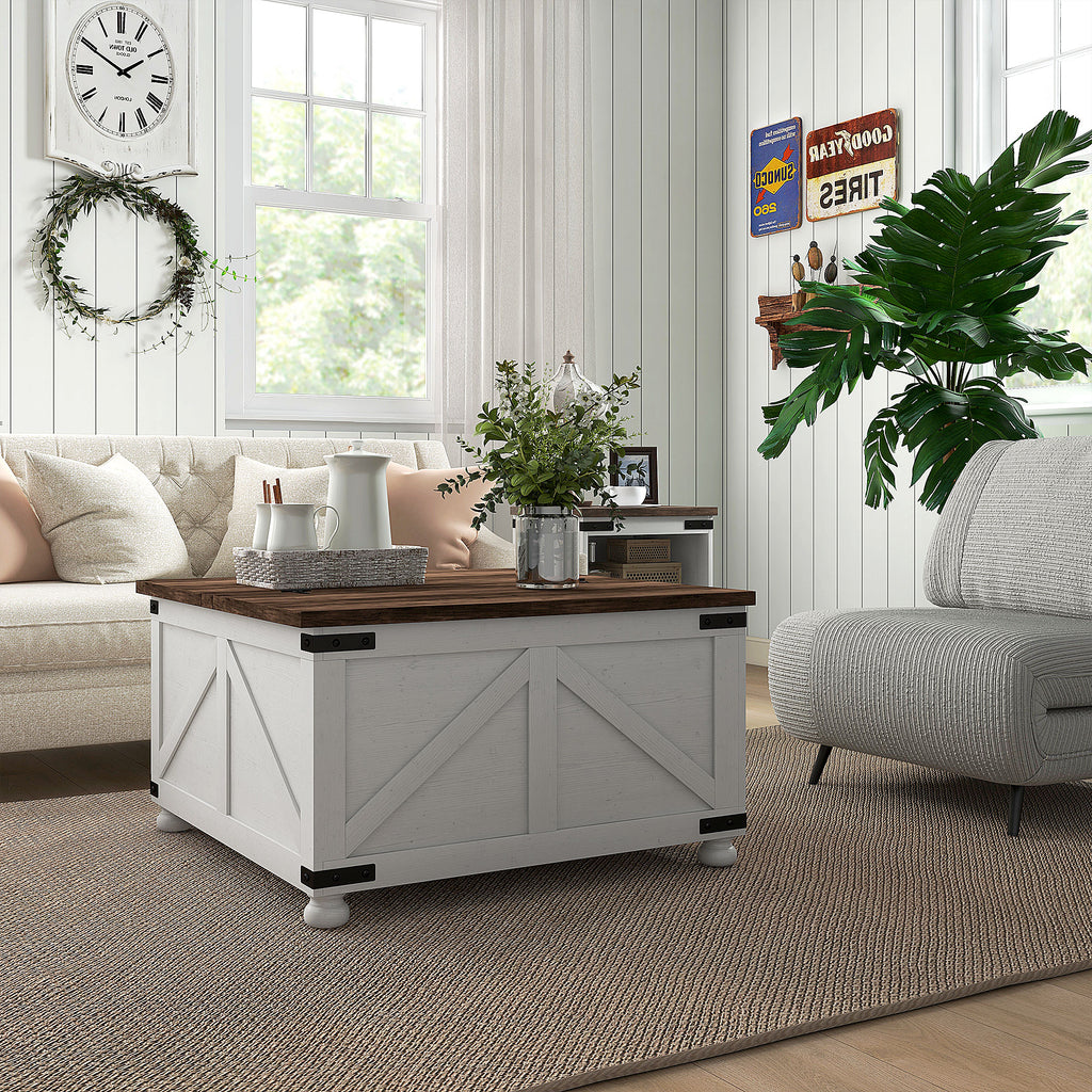 Coffee Table with Lift Top, 32" Farmhouse Center Table with Hidden Compartment for Living Room, Antique White