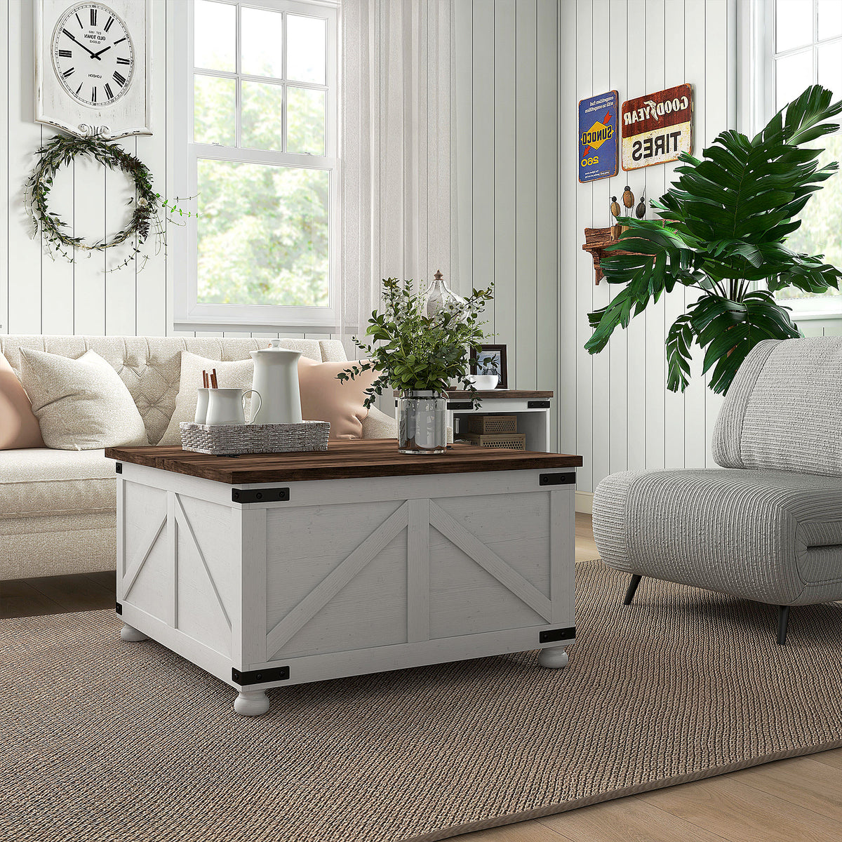 Coffee Table with Lift Top, 32" Farmhouse Center Table with Hidden Compartment for Living Room, Antique White