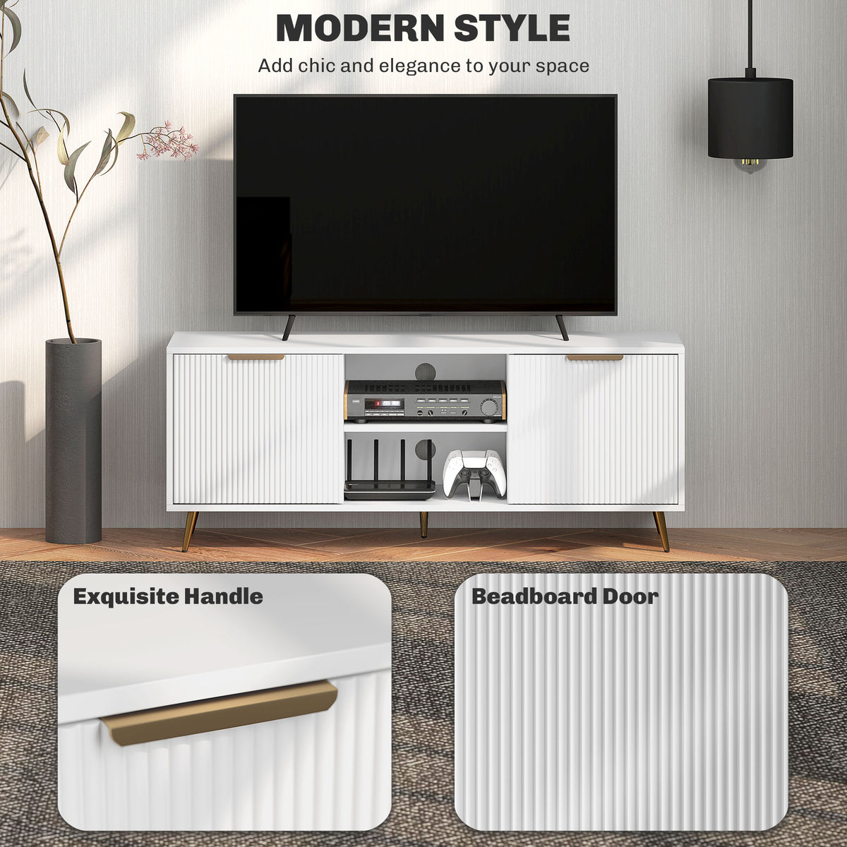 TV Stand with Storage for 55 Inch TV, Modern TV Cabinet with 2 Open Shelves and 2 Cabinets for Living Room, White