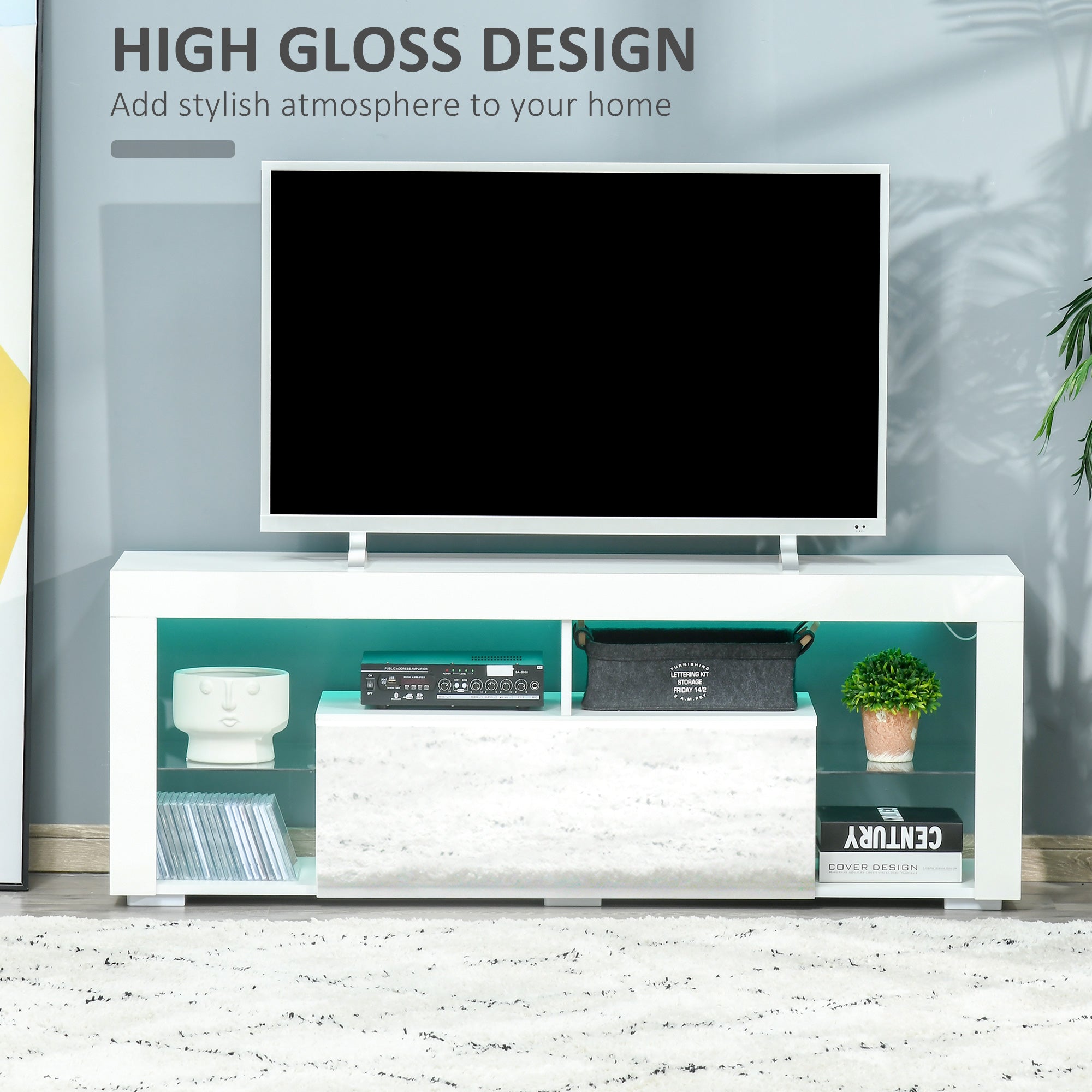 TV Stand for 55-Inch TVs, High Gloss TV Bench with LED Lights, Remote Control, Storage Drawer and Shelves, Entertainment Unit for Living Room, Bedroom, White