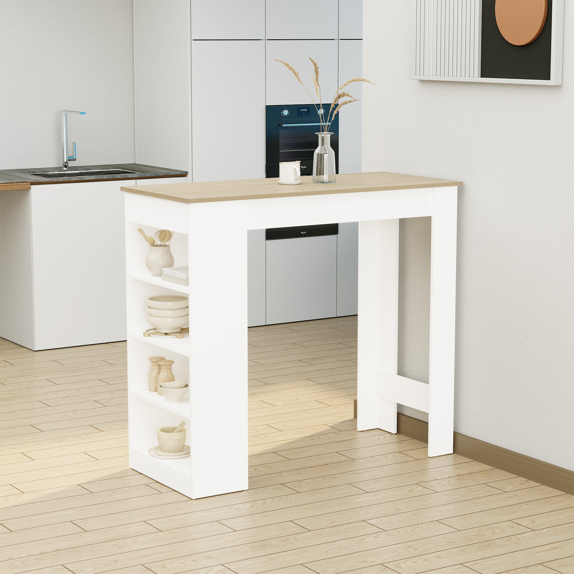 Bar Table, High Top Pub Table with 4 Storage Shelves, Modern Bar Height Table for Home Bar, Kitchen, Natural
