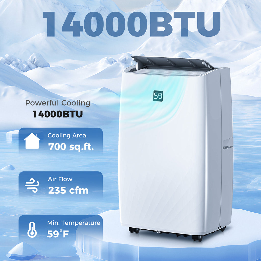 14000 BTU ተንቀሳቓሲ ኣየር ማስተኻኻሊ፣ ኣሲ ዩኒት ምስ ቅዝቃዜ፣ ደርቆ ኣየር፣ ፋን፣ 700 ካሬ ጫማ፣ 24 ሰዓት ታይመር ኦን ኦፍ፣ መስኮት ኪት