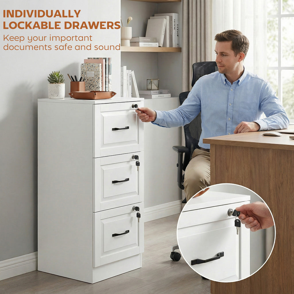 3 Drawer File Cabinet with Lock, Vertical Filing Cabinet with Adjustable Hanging Bars for A4 and Letter Size, Black