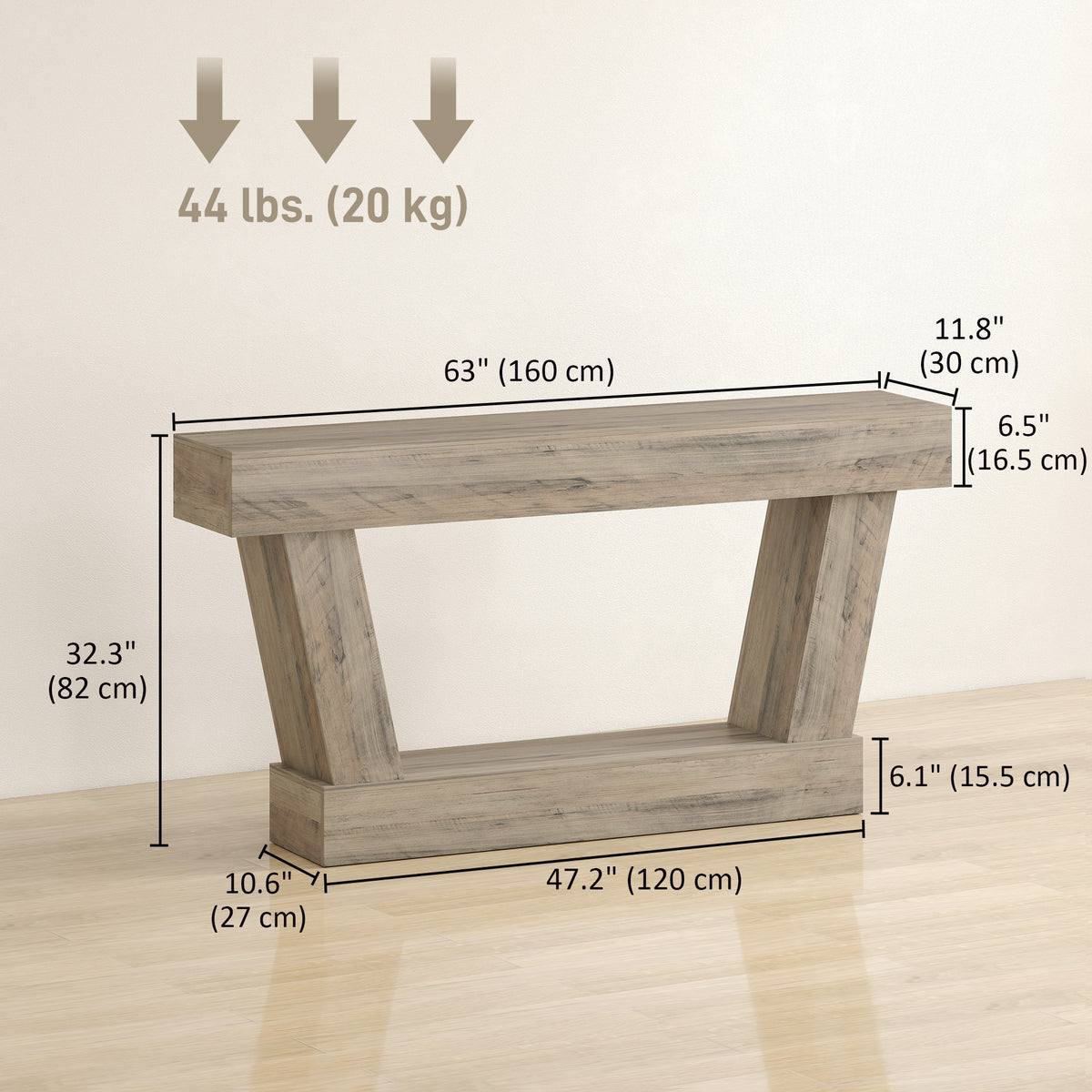 63 Inch Vintage Console Table, Narrow Entryway Table with Open Shelf for Living Room, Light Brown