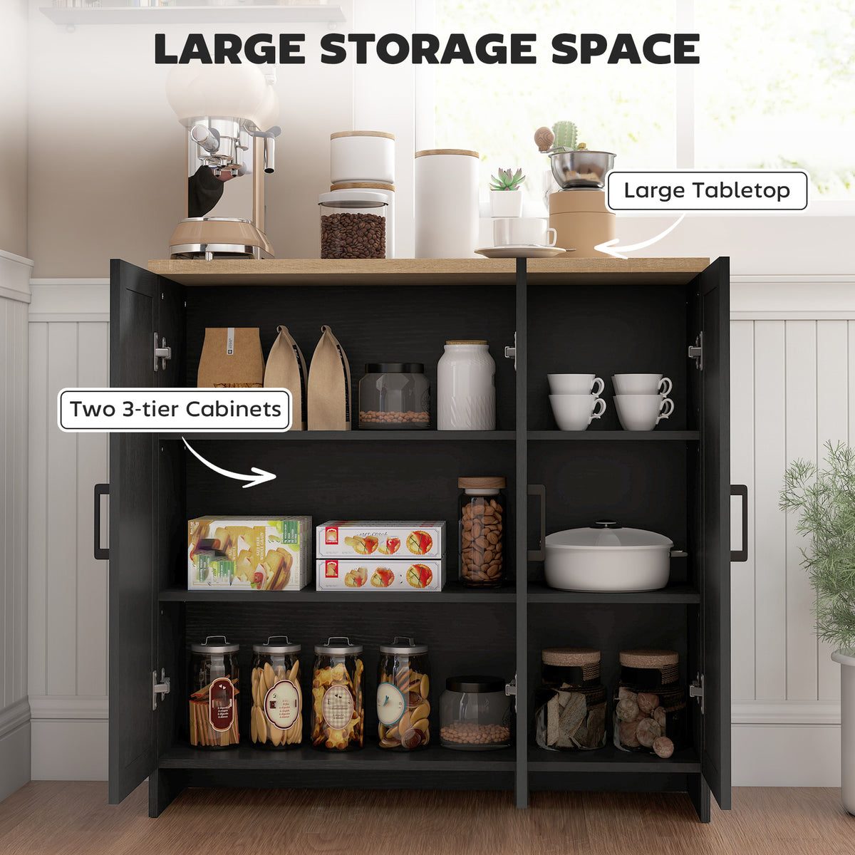 Modern Sideboard Buffet Cabinet, Modern Kitchen Storage Cabinet with 3 Doors Adjustable Shelves, for Dining Room, Black
