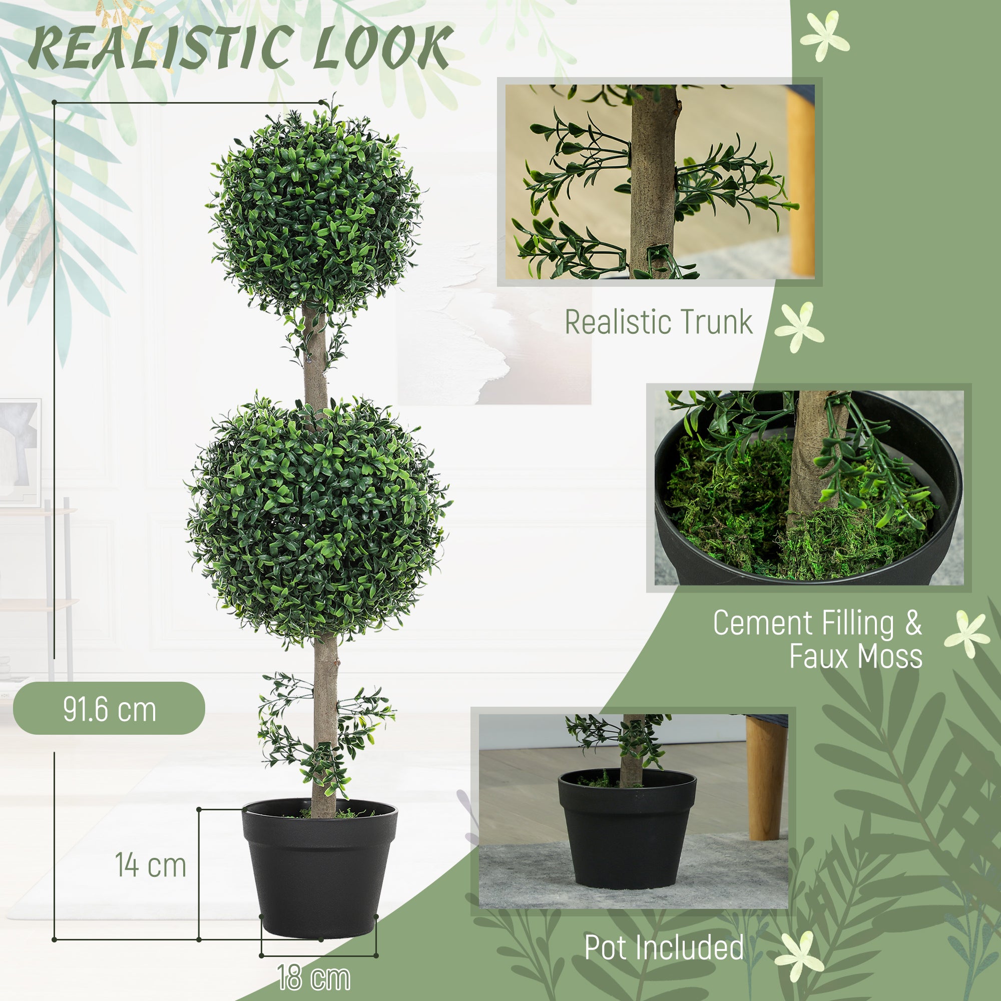 2 Pack 36.1" Artificial Trees, Boxwood Topiary Ball Trees with Pot for Indoor, Outdoor, Home Office, Living Room, Green