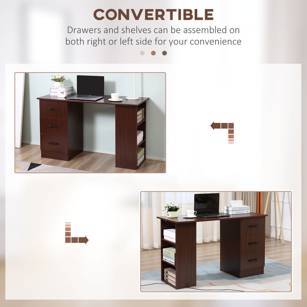 Computer Desk, 47" Writing Table with 3-Tier Shelves and 3 Reversible Drawers for Home Office, Bedroom, White