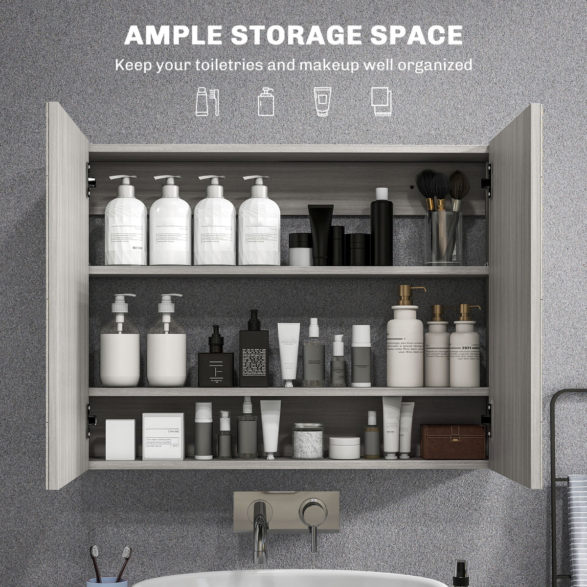 Bathroom Mirror Cabinet, Wall-Mounted Storage Organizer with Double Doors, Adjustable Shelf, White
