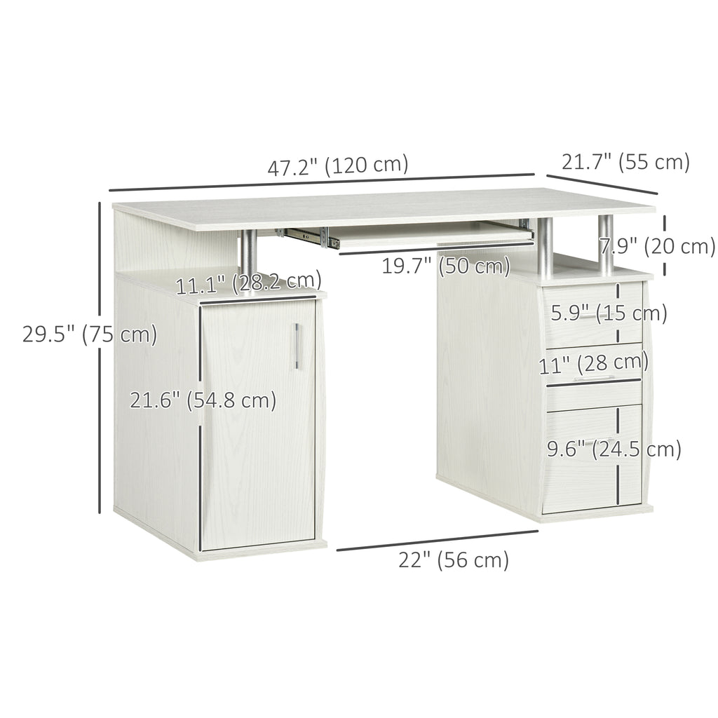 47" Computer Desk with Keyboard Tray and Storage Drawers, Home Office Workstation Table with Storage Shelves, White