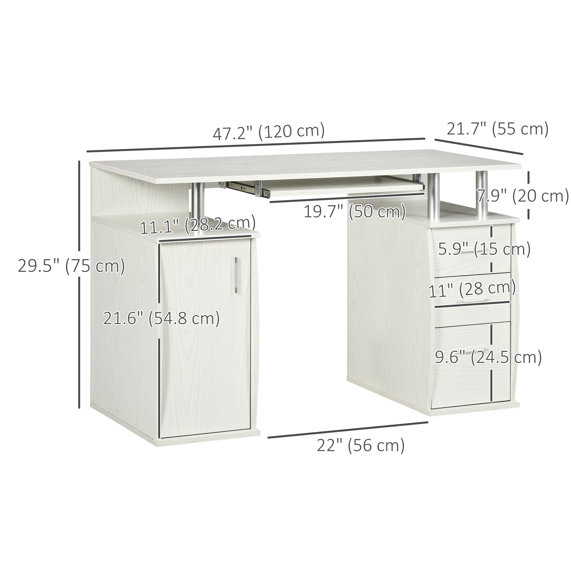 47" Computer Desk with Keyboard Tray and Storage Drawers, Home Office Workstation Table with Storage Shelves, White