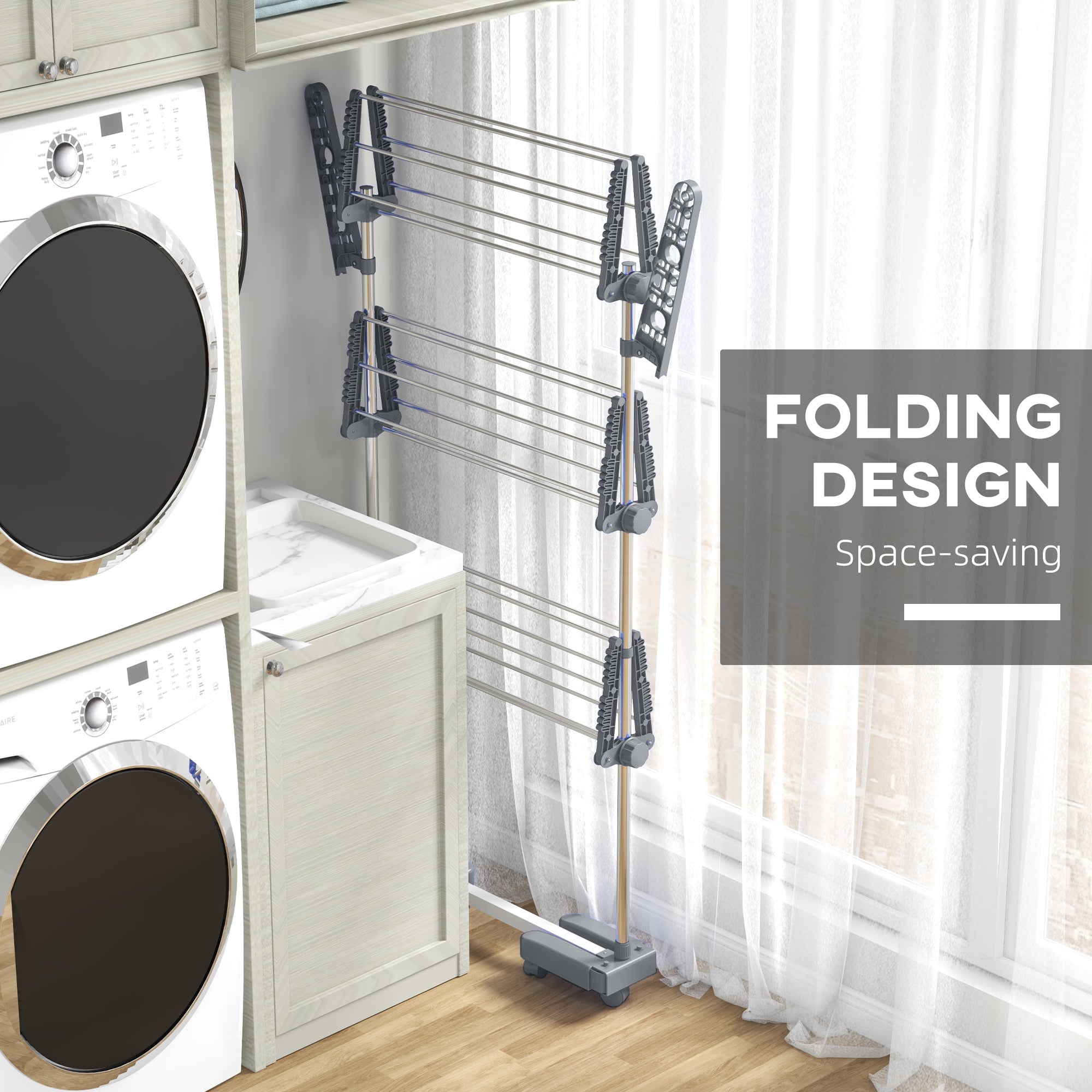3-Tier Foldable Clothes Drying Rack, Stainless Steel Laundry Rack with 2 Side Wings and 6 Castors, Collapsible Adjustable Clothes Airer for Indoor Outdoor, White