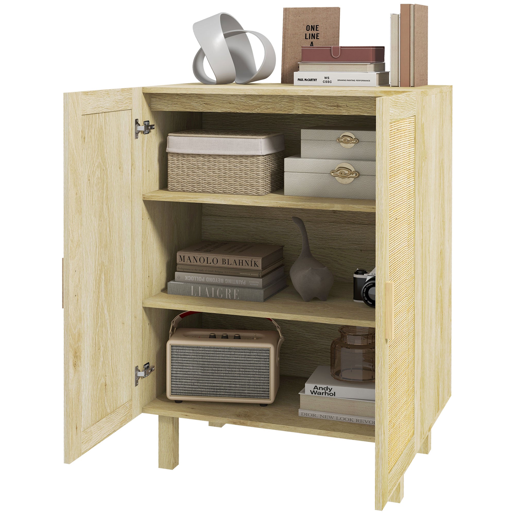 Boho Sideboard, Buffet Cabinet with Storage, Accent Cabinet with 2 Rattan Doors and Adjustable Shelves, Natural