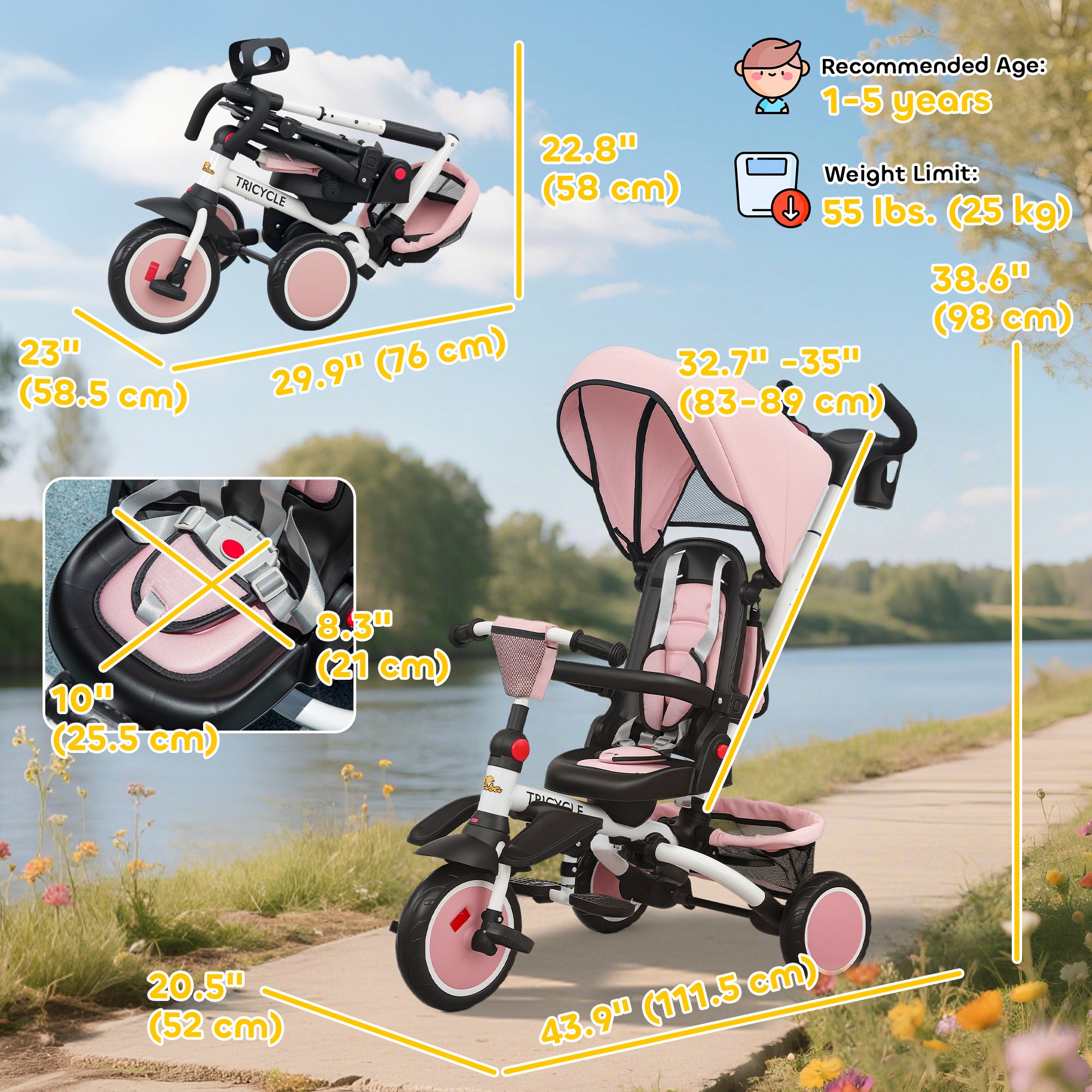 Qaba 6 in 1 Toddler Tricycle for 1-5 Years Old with Push Handle, Removable Canopy, Rotatable Seat, Pink