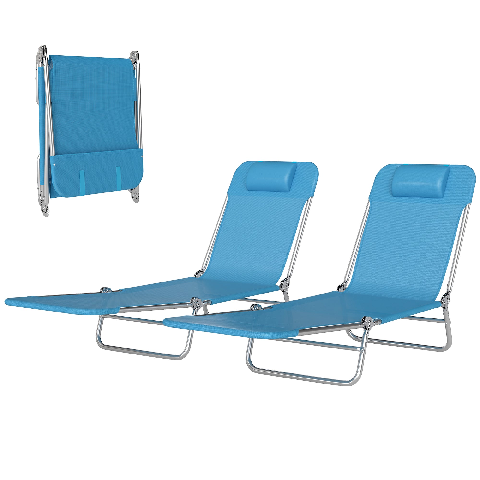 Set of 2 Folding Chaise Lounge Chairs, Outdoor Poolside Sun Tanning Chairs w/ Pillow, Reclining Backrest, Green