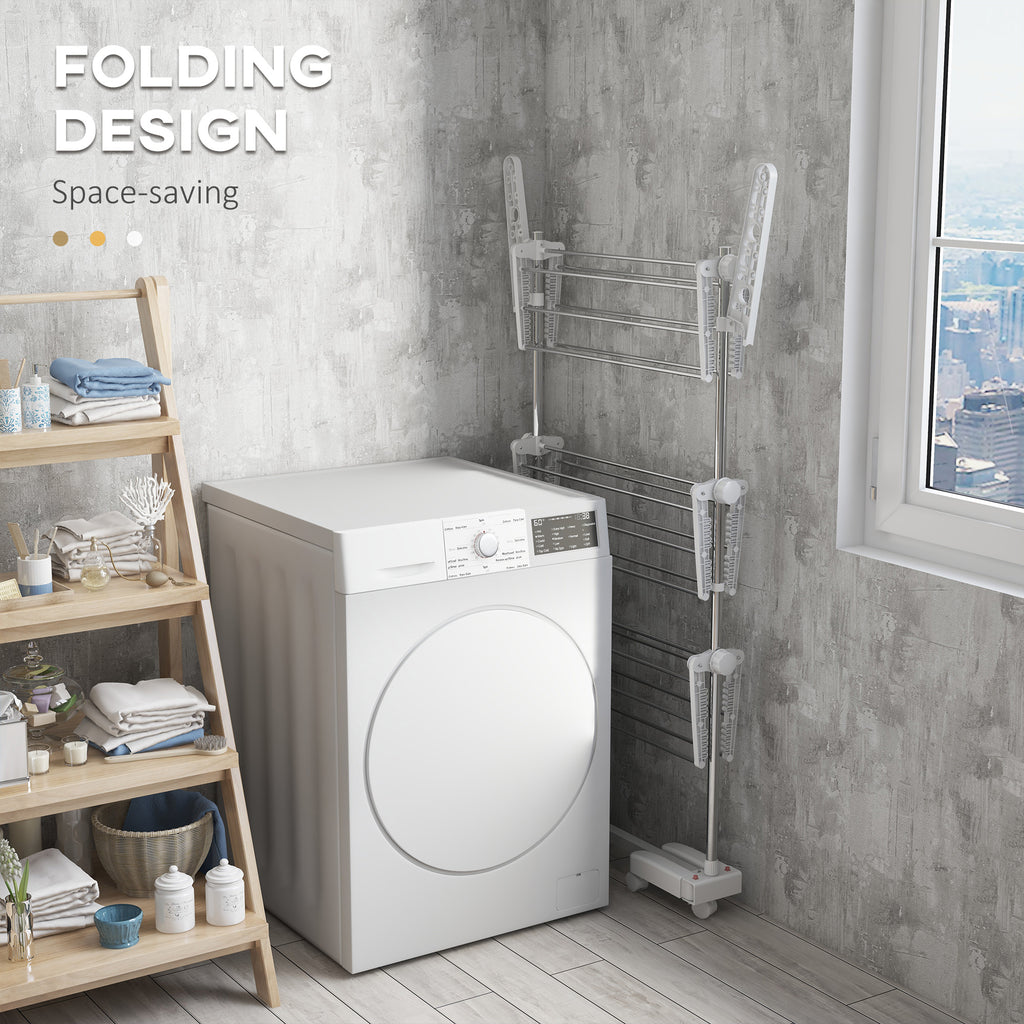 3-Tier Foldable Clothes Drying Rack, Stainless Steel Laundry Rack with 2 Side Wings and 6 Castors, Collapsible Adjustable Clothes Airer for Indoor Outdoor, White