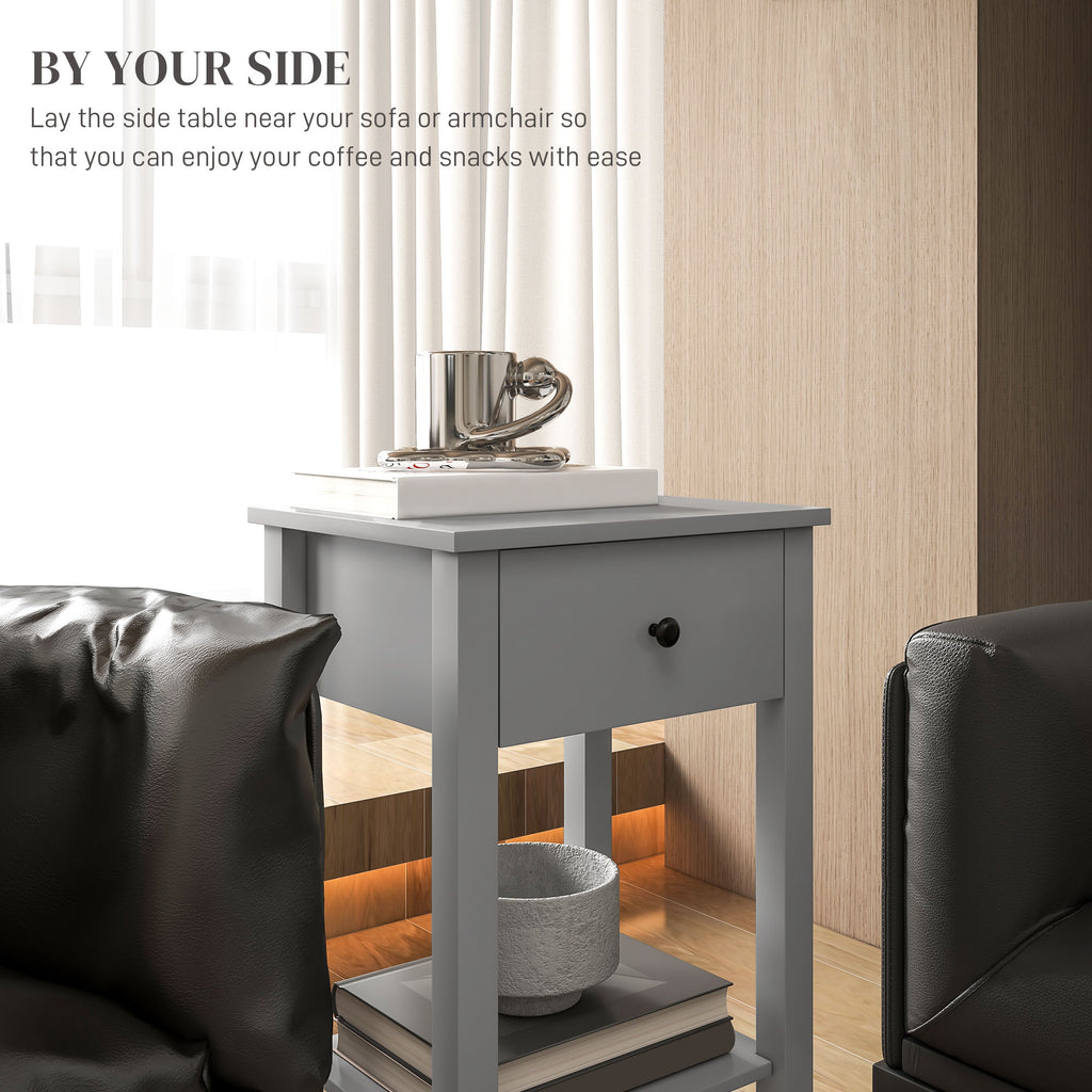 End Tables Set of 2, Side Tables with Drawer and Bottom Shelf, 2-tier Nightstand for Bedroom, Living Room, Grey