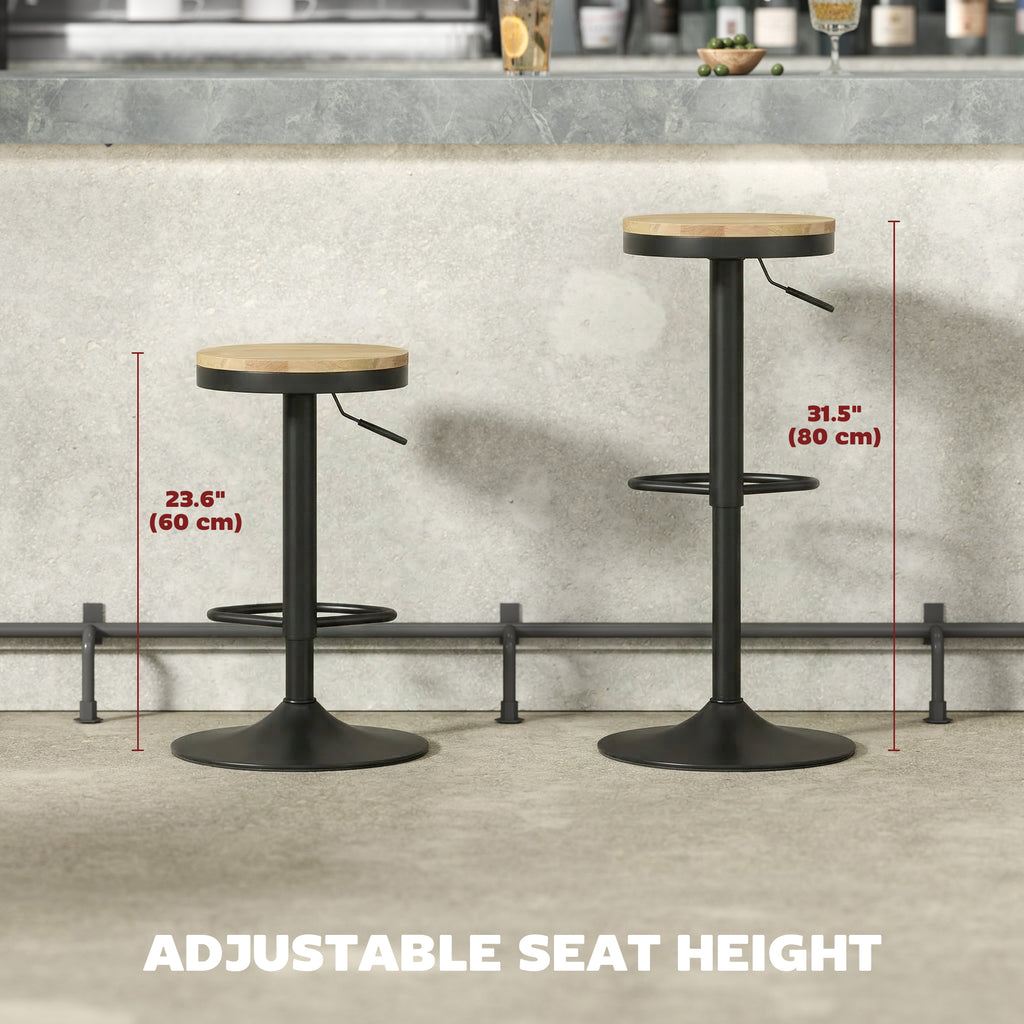 Wood Barstools Set of 2, Swivel Bar Stools with Adjustable Height for Kitchen Counter, Natural Wood and White