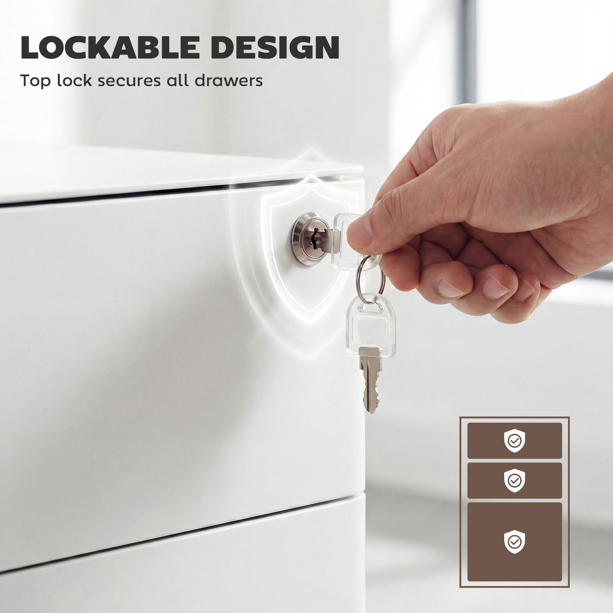 3 Drawer Filing Cabinet, Steel Home Office Storage Cabinet with Wheels, Lock for A4, Letters, Legal-sized Files, White