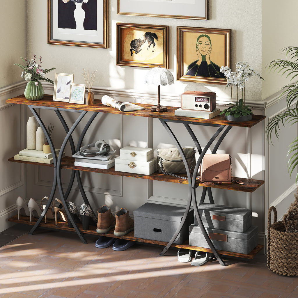 71" Console Table, 3-Tier Industrial Entryway Table with 2 Storage Shelves for Living Room, Hallway, Rustic Brown
