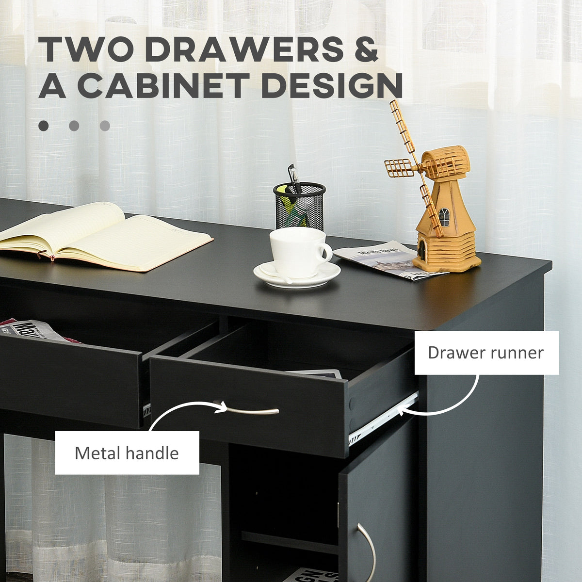 Computer Desk with Storage Drawers, Study Writing Table with Cabinet Adjustable Shelf for Home Office Workstation Bedroom, Black