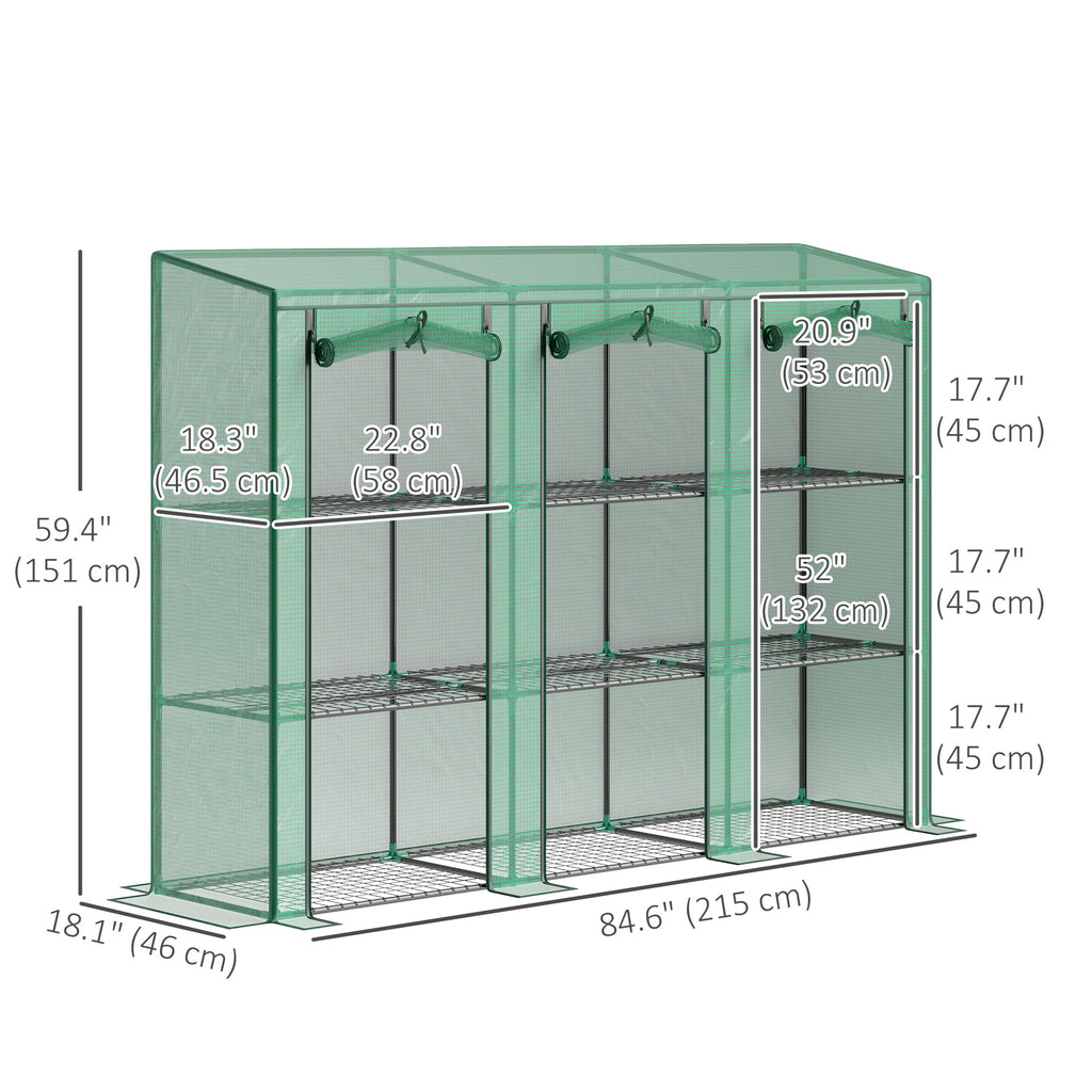 Lean-to Greenhouse with 3 Tier Shelves, Mini Greenhouse with 3 Roll-Up Doors for Indoor Outdoor, Green