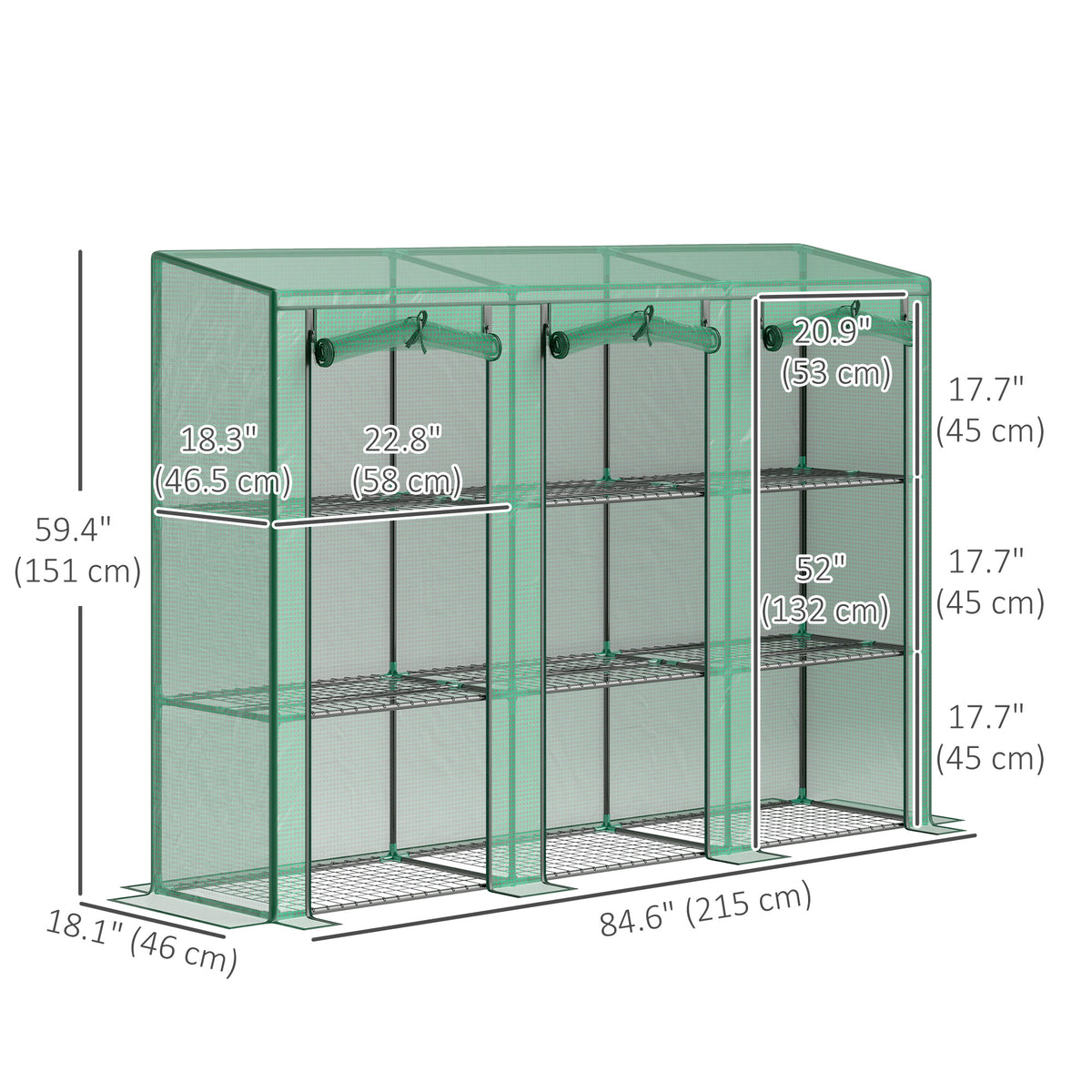 Lean-to Greenhouse with 3 Tier Shelves, Mini Greenhouse with 3 Roll-Up Doors for Indoor Outdoor, Green