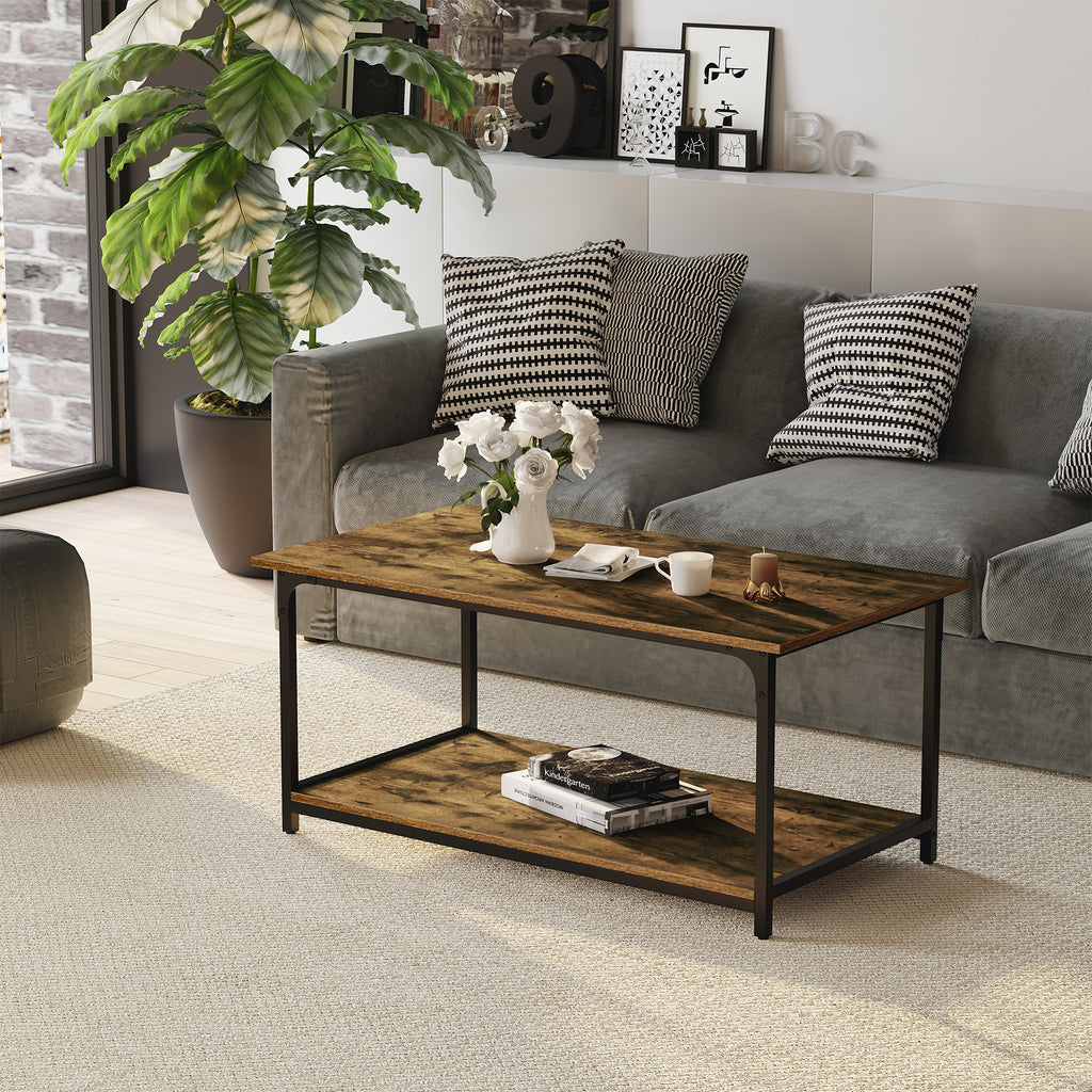 Industrial Coffee Table with Storage Shelf, 2-tier Center Table for Living Room, Rustic Brown