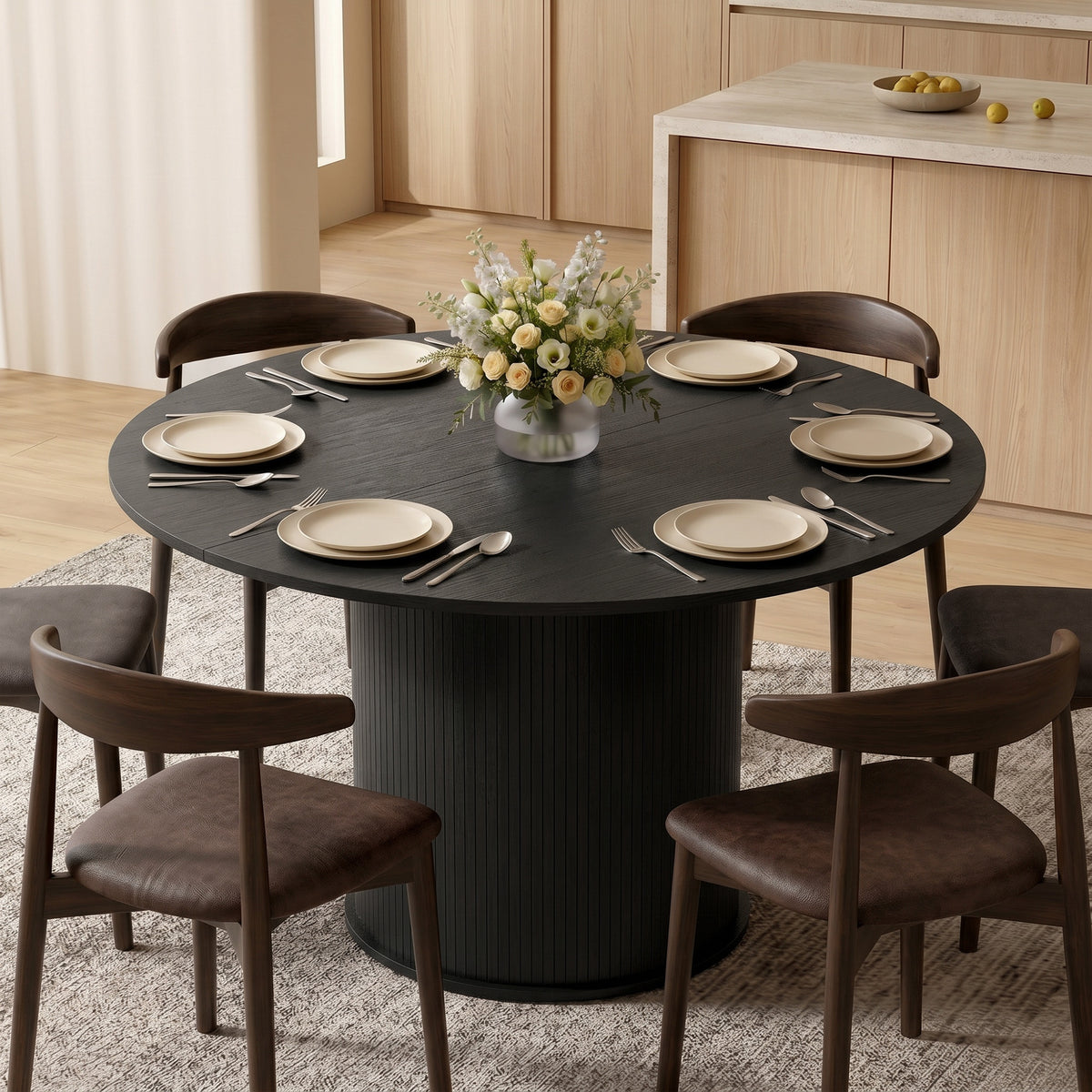 Round Dining Table for 4-6, 47 Inch Kitchen Table with Fluted Pedestal Base, for Kitchen Living Room Dining Room, Black