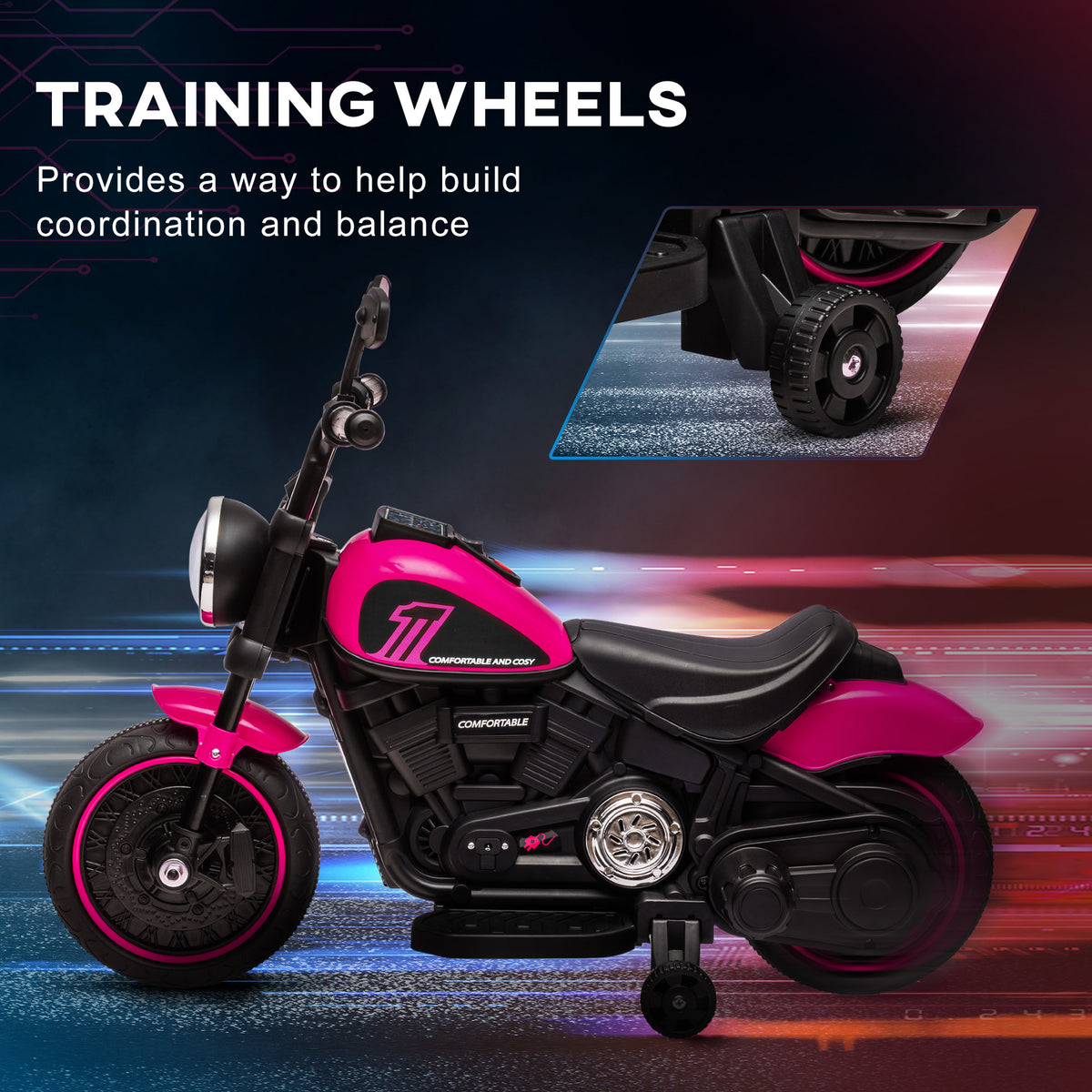 Aosom 6V Kids Motorcycle with Training Wheels, Foot Pedal, Headlight, Music, Forward/Reverse, Single-Button Start, Pink