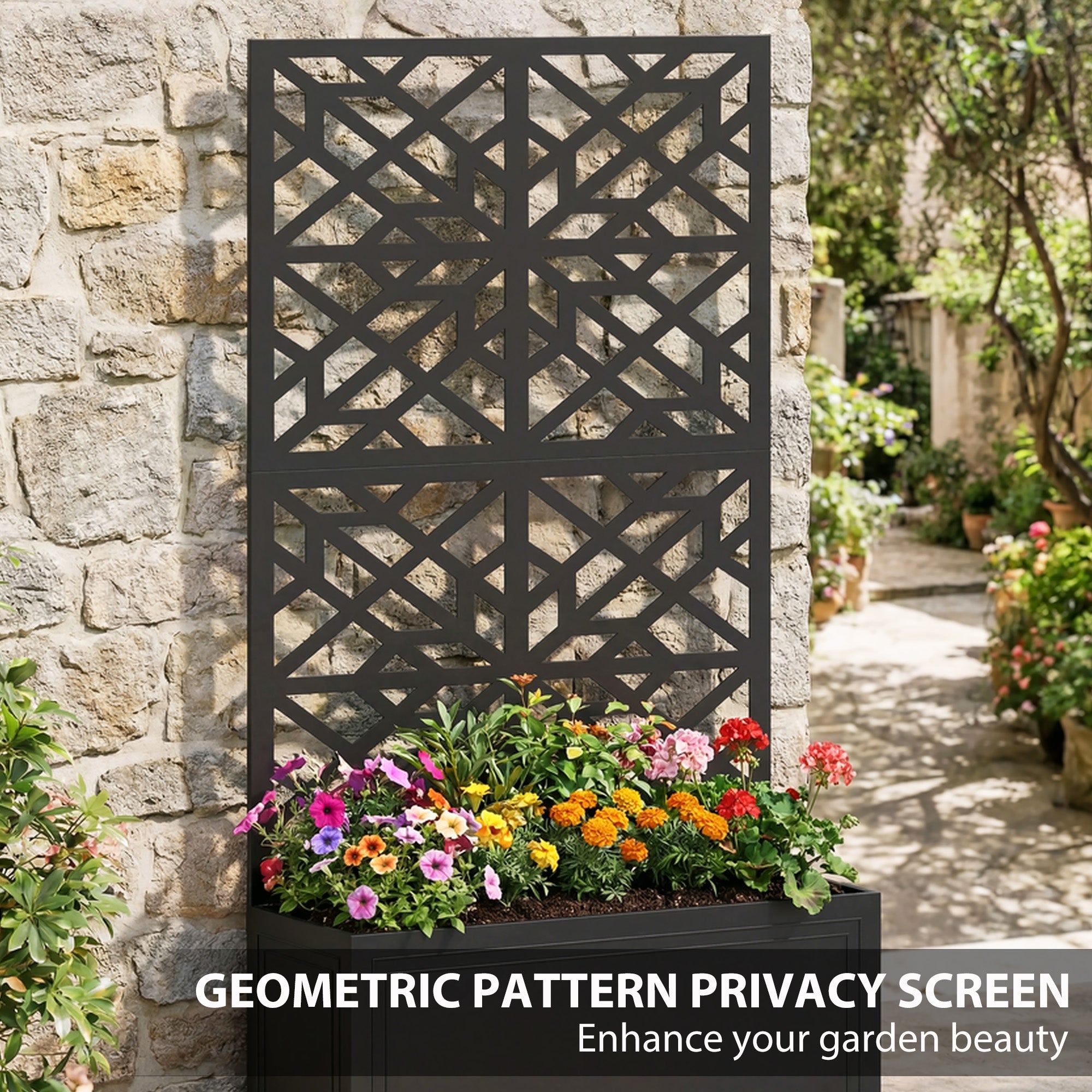 Metal Raised Garden Bed with Trellis for Climbing Plants, Freestanding or Wall Mounted Flower Bed with Privacy Panel