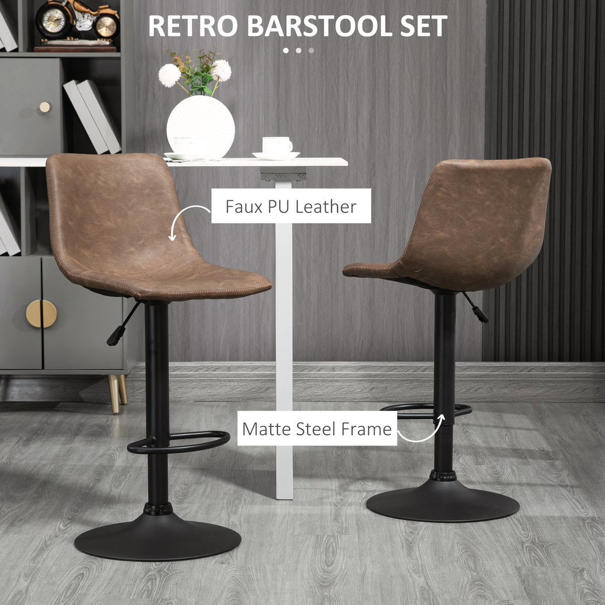 Adjustable Counter Height Bar Stools Set of 2, 360° Swivel Kitchen Counter Stools Dining Chairs with Backs, Vintage Leather, Brown