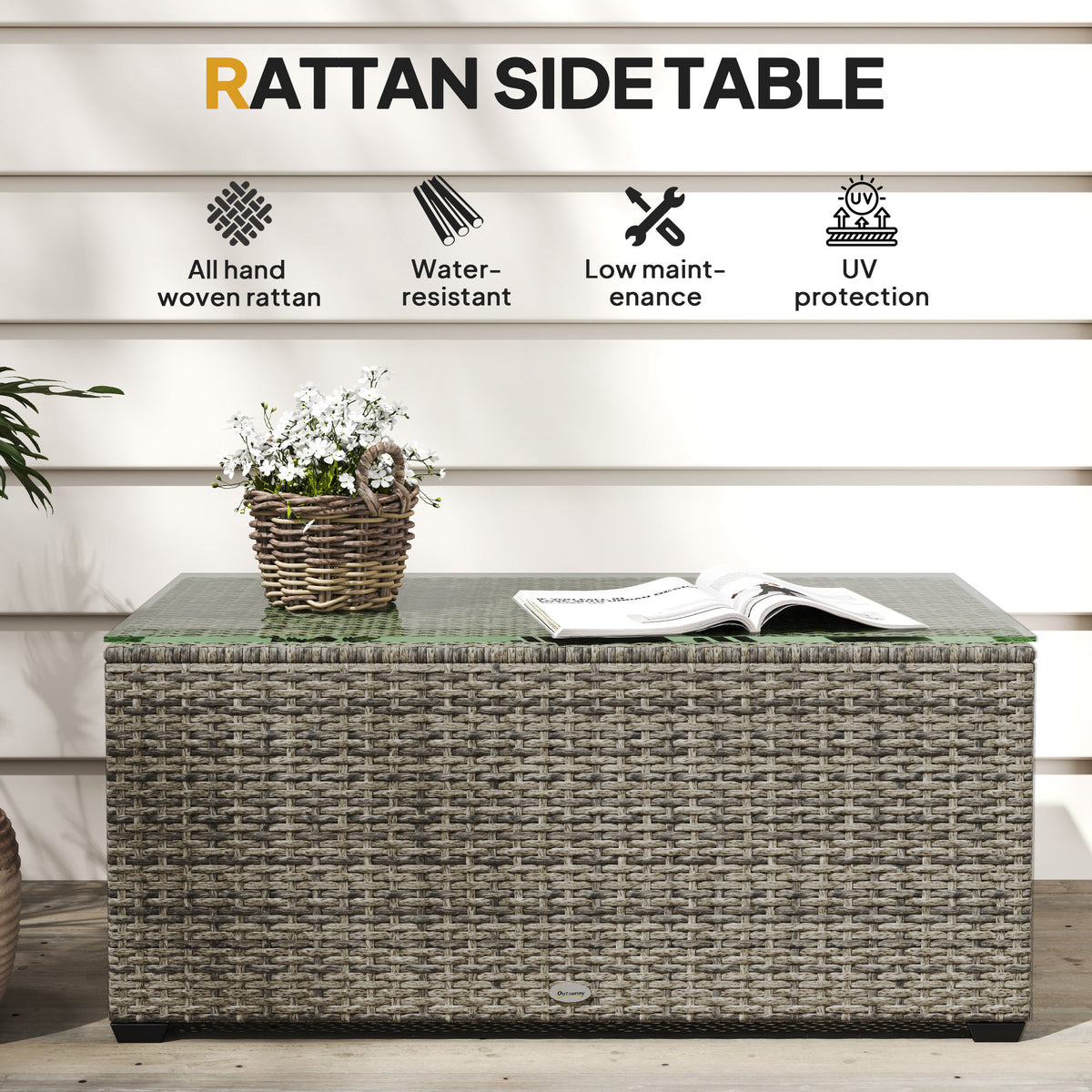 Wicker Outdoor Coffee Table, PE Wicker Rectangular Patio Table with Tempered Glass Top for Garden, Balcony, Dark Grey