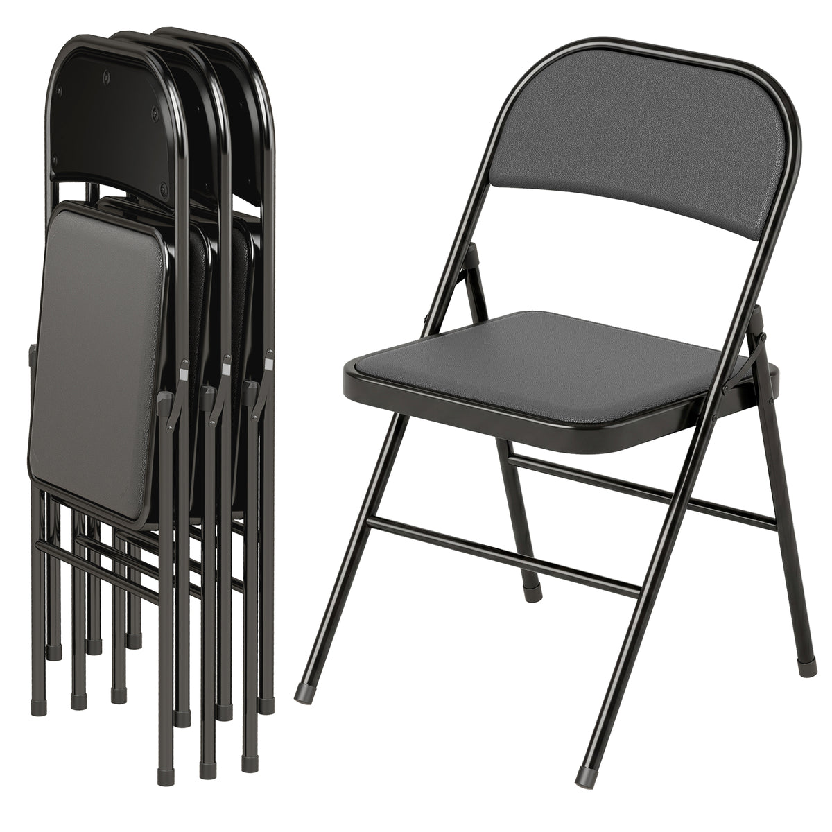 Set of 4 Metal Foldable Chairs, PU Leather Padded Folding Chairs with Cushion Seat and Open Back for Indoor, White