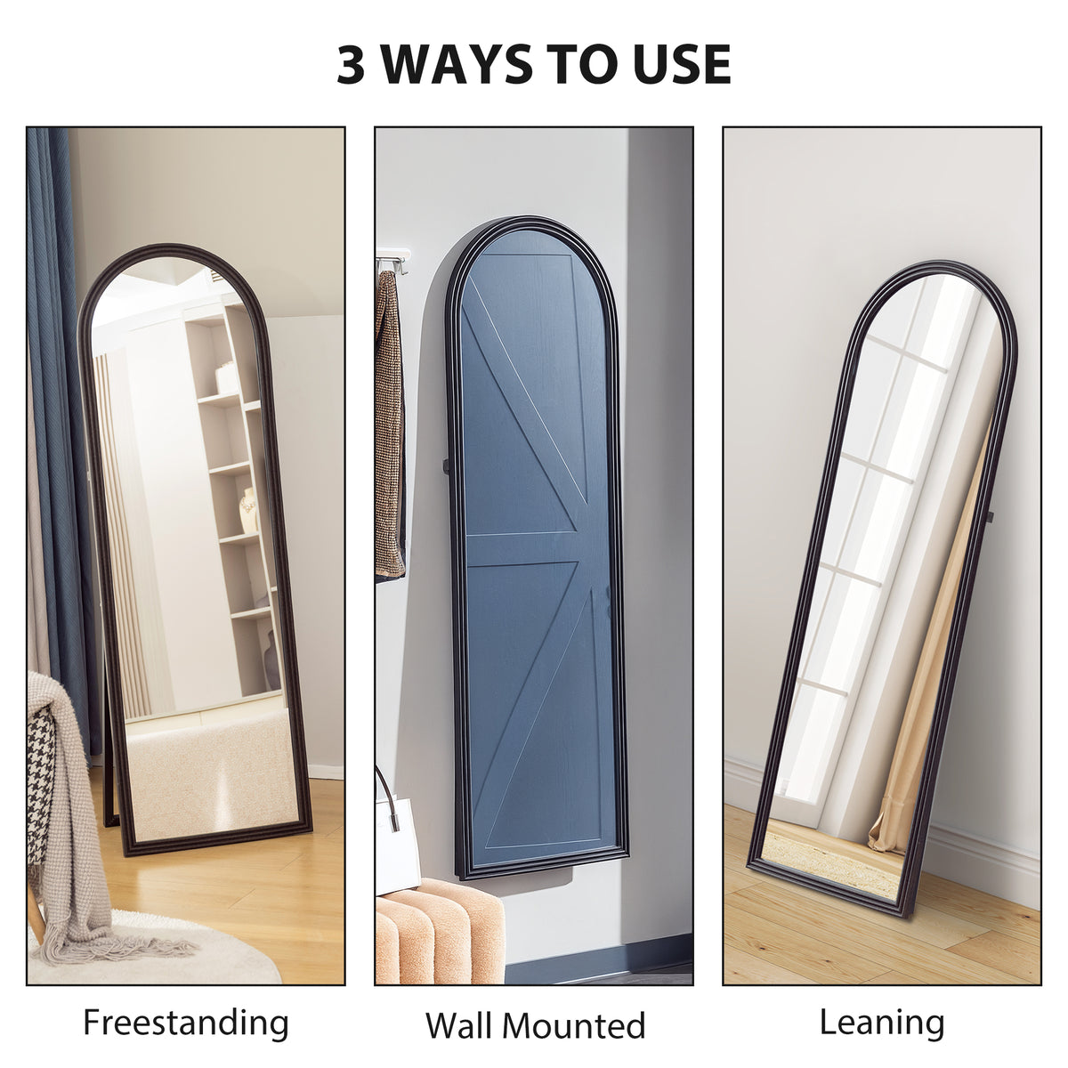 64" x 21" Full Length Mirror, Free Standing, Leaning or Wall, Arched Full Body Mirror, Brown Wood Grain