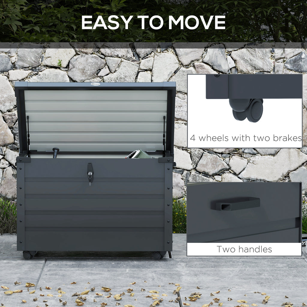 82 Gallon Garden Storage Box, Waterproof Outdoor Storage Container with Wheels and Handles, Dark Grey