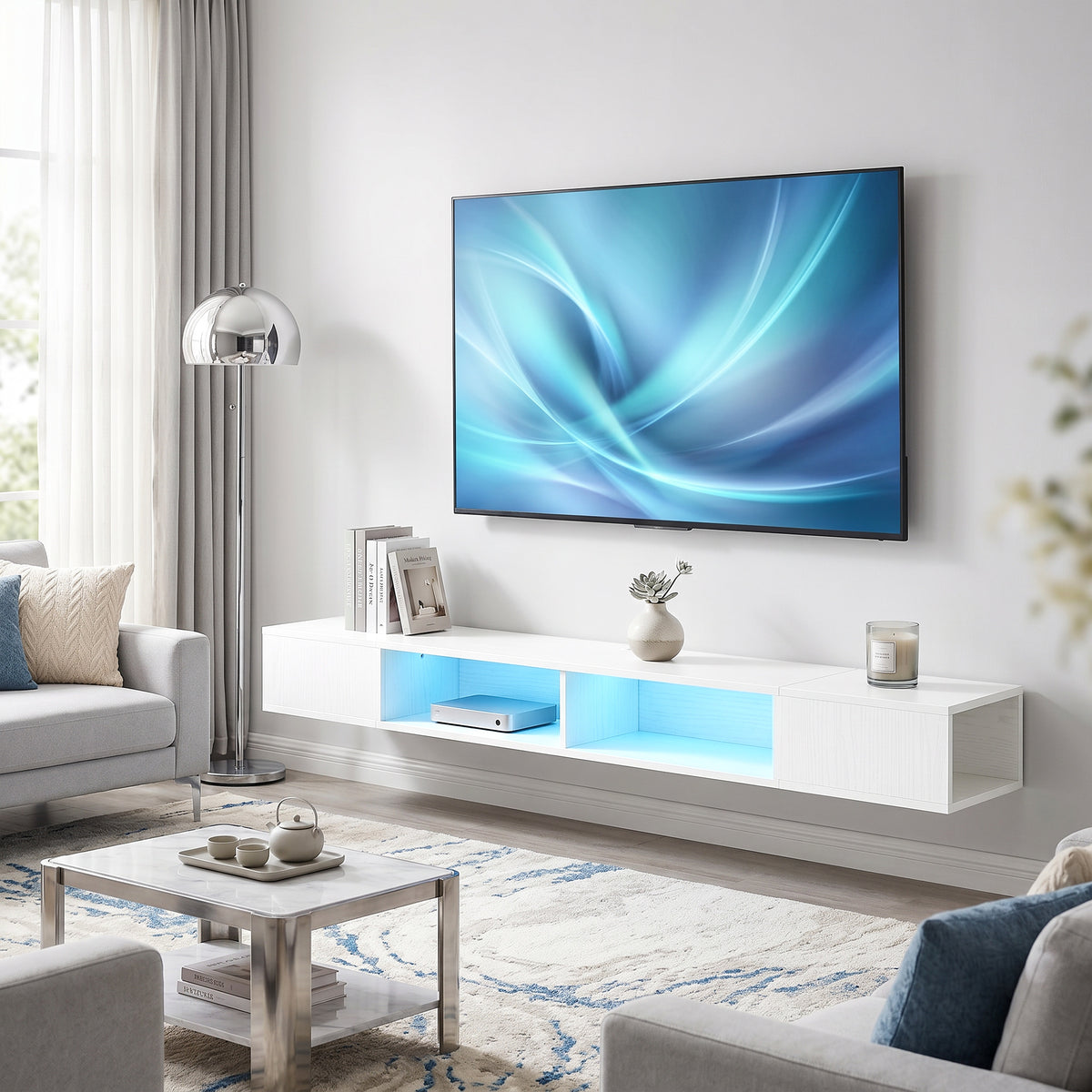 ከ RGB LED መብራት ጋር የቲቪ መቆሚያ፣ ን 75 ኢንች ቲቪ ክፍት መደርደሪያታት ዘለዎ መዝናኛ ማእከል፣ ጻዕዳ