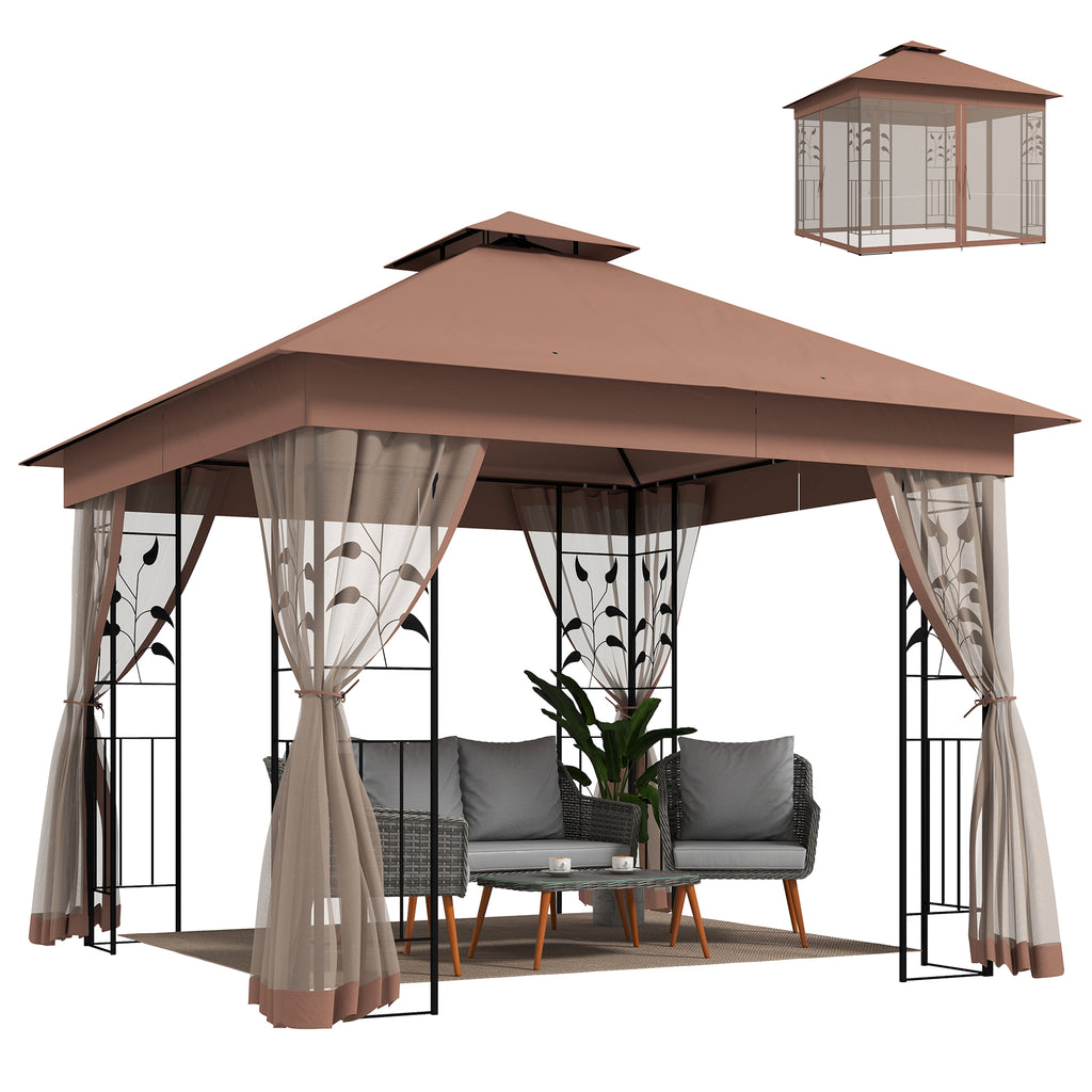 10'x10' ለስላሳ ጫፍ ዘለዎ ሃጥን ፓቲዮ ጋዜቦ ደገ ፀሓይ መከላኸሊ ምስ 2-ደረጃ ፖሊኤስተር ጣሪያ፣ መጋረጃ ጎን ግድርታት፣ ጸሊም ቡናዊ