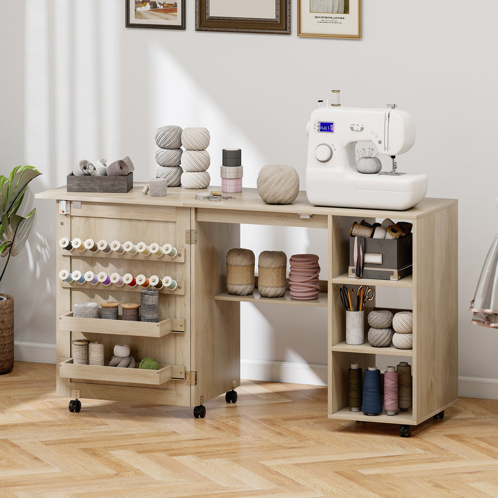 Sewing Machine Table with Drop Leaf, Folding Craft Table Rattan Door and Storage Shelves for Small Spaces, Natural