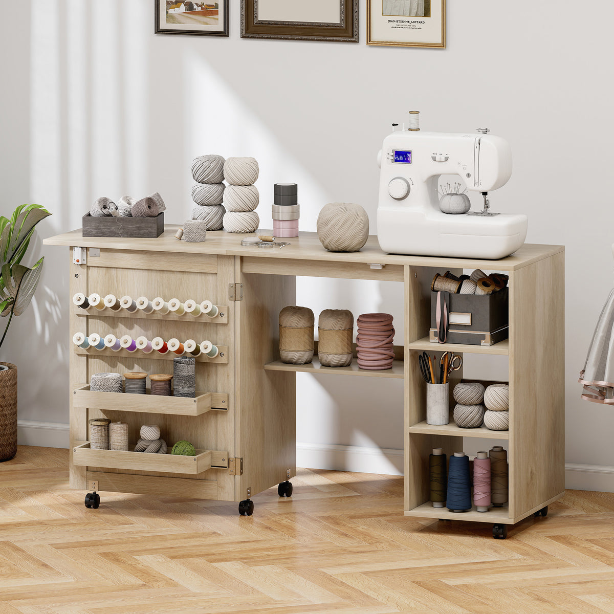 Sewing Machine Table with Drop Leaf, Folding Craft Table Rattan Door and Storage Shelves for Small Spaces, Natural