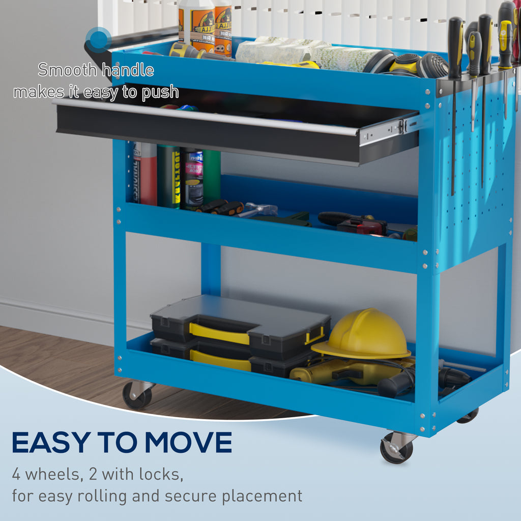 Tool Cart on Wheels, Utility Cart with Wheels, Ball Bearing Drawer, Storage Trays for Garage, Warehouse, Workshop, Blue