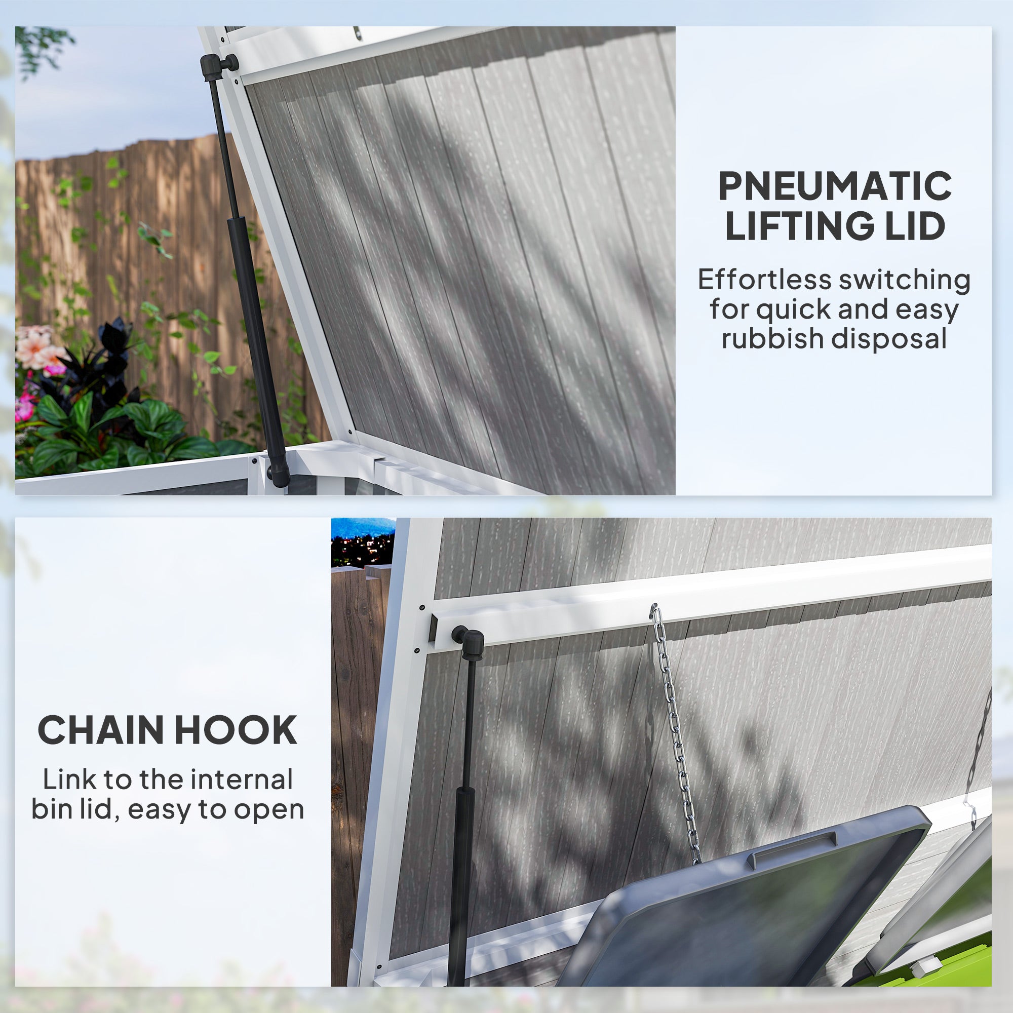 41 Cu. Ft. Outdoor Storage Shed, Outdoor Horizontal Trash Can Storage with Chain Lid, Lockable Storage Box, Grey