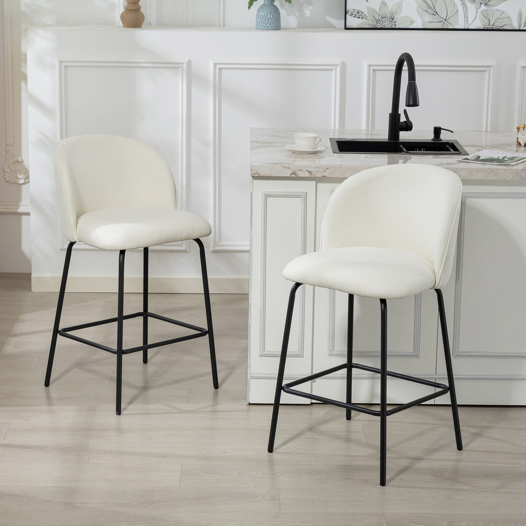 Set of 2 Counter Height Barstools, Upholstered Linen Bar Stools with Backrest, Footrest and Steel Legs, Cream White