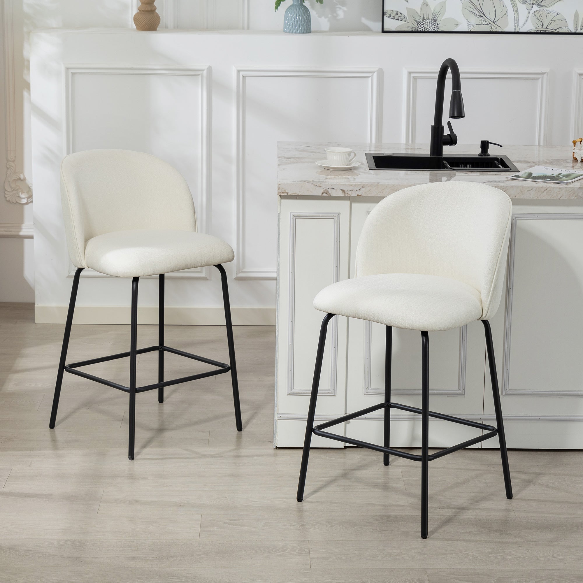 Set of 2 Counter Height Barstools, Upholstered Linen Bar Stools with Backrest, Footrest and Steel Legs, Cream White