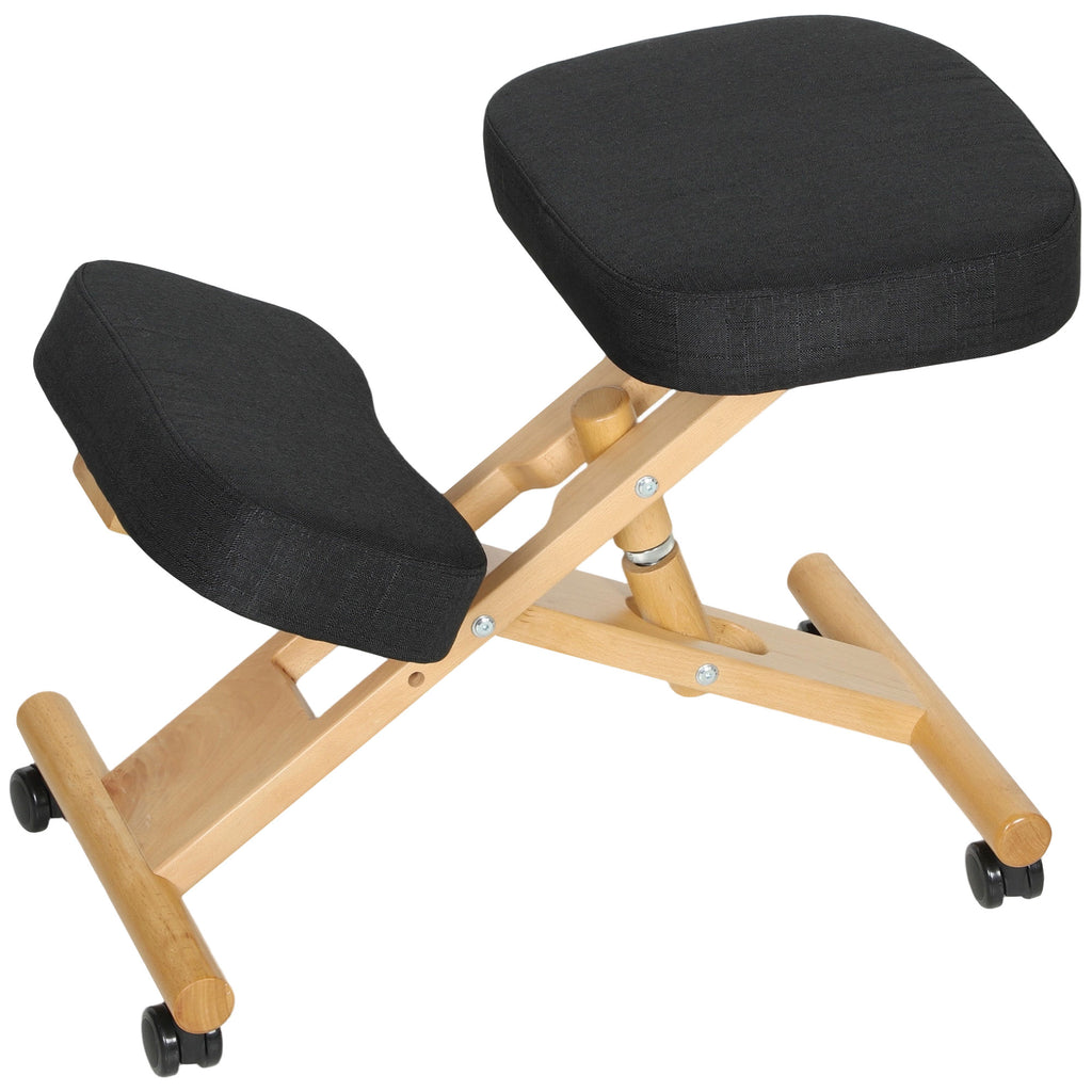 Ergonomic Kneeling Chair, Posture Chair with Rubberwood Frame, Rolling Wheels for Office, Posture Correction, Black