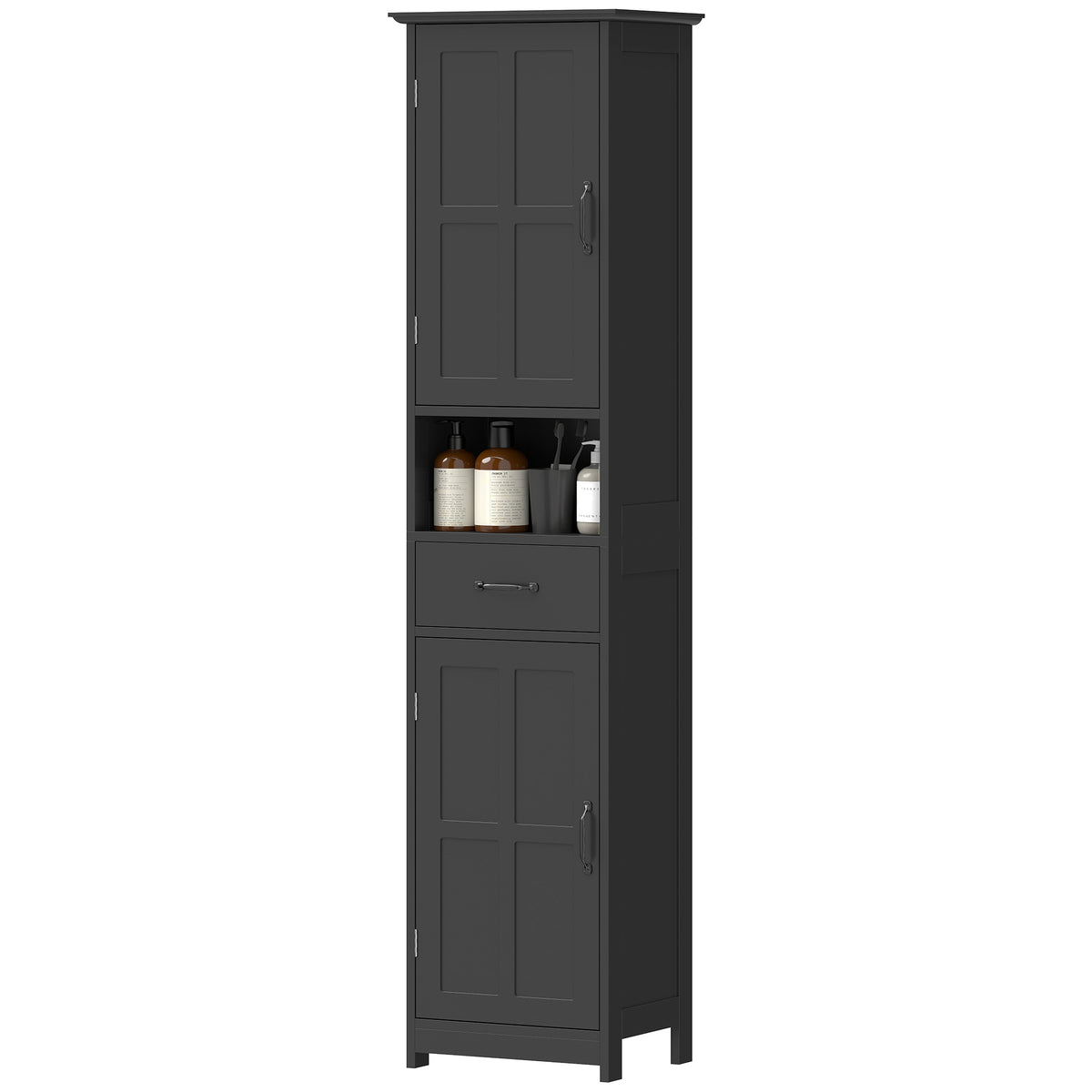 Modern Bathroom Cabinet, Narrow Bathroom Vanities with Open Shelf Drawer Recessed Doors and Adjustable Shelves White