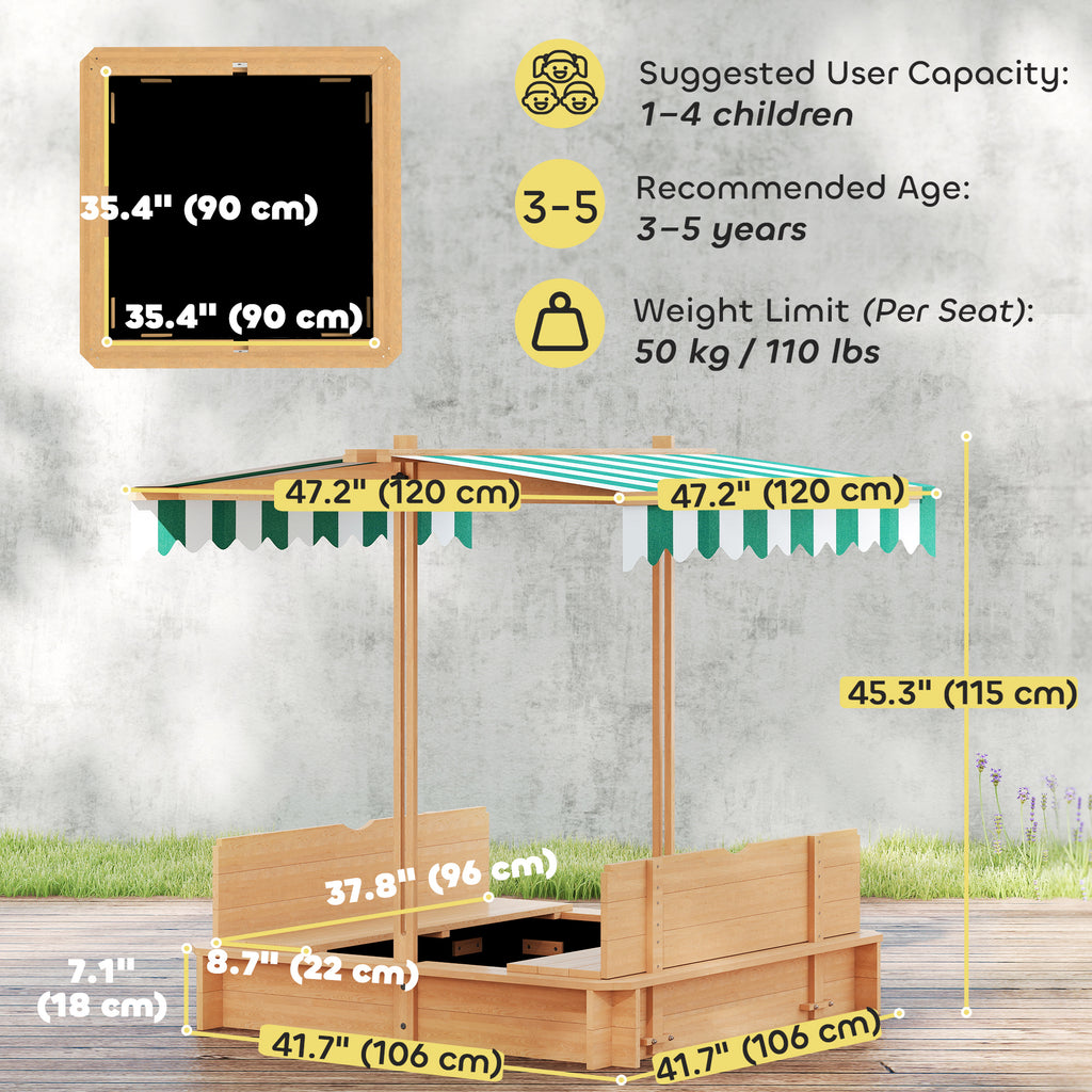 Wooden Kids Sandbox with Cover, Sand Play Station with Foldable Bench Seats and Adjustable Canopy, Light Brown