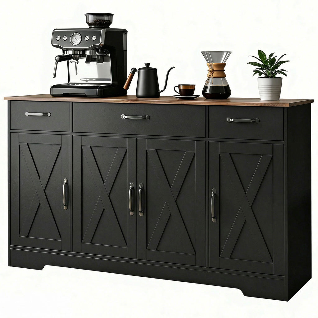 Sideboard Buffet Cabinet, 55" Farmhouse Kitchen Cabinet with 4 Barn Doors, 3 Drawers, 3 Adjustable Shelves, White