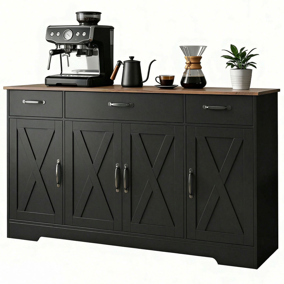 Sideboard Buffet Cabinet, 55" Farmhouse Kitchen Cabinet with 4 Barn Doors, 3 Drawers, 3 Adjustable Shelves, White