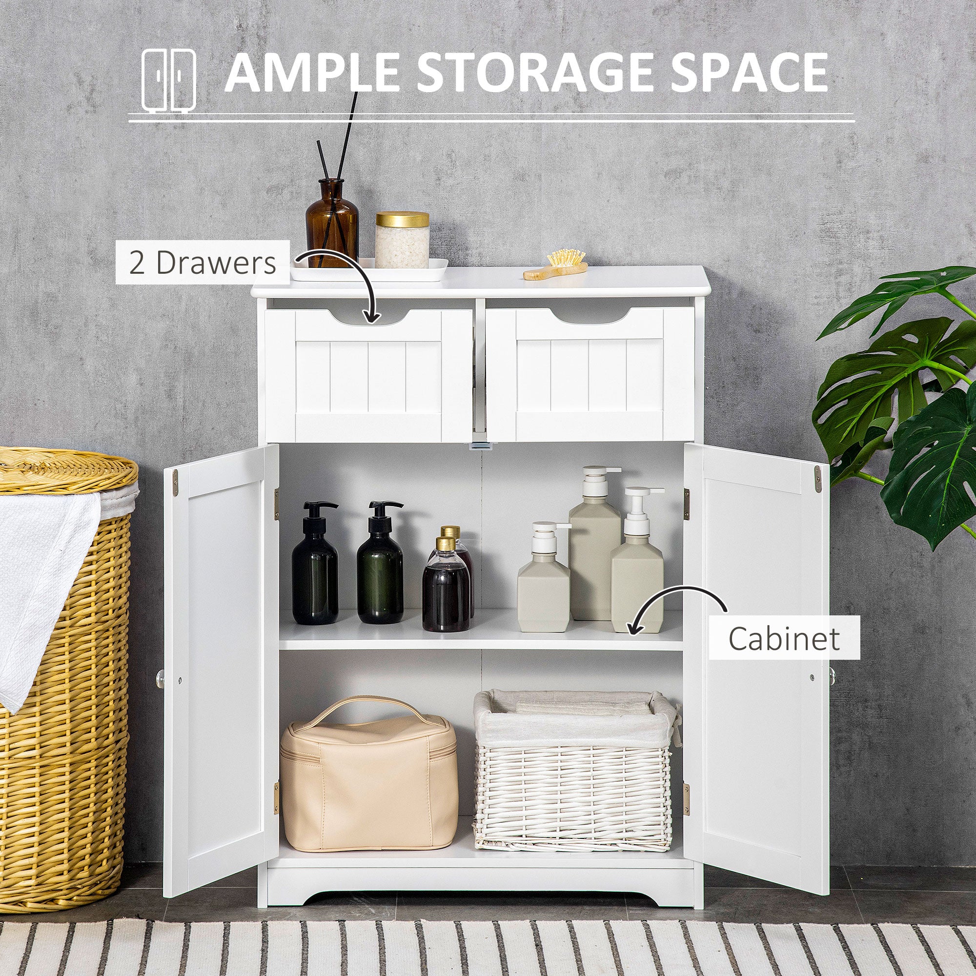 Bathroom Cabinet, Bathroom Storage Cabinet with 2 Drawers, Adjustable Shelf for Living Room, Entryway, White