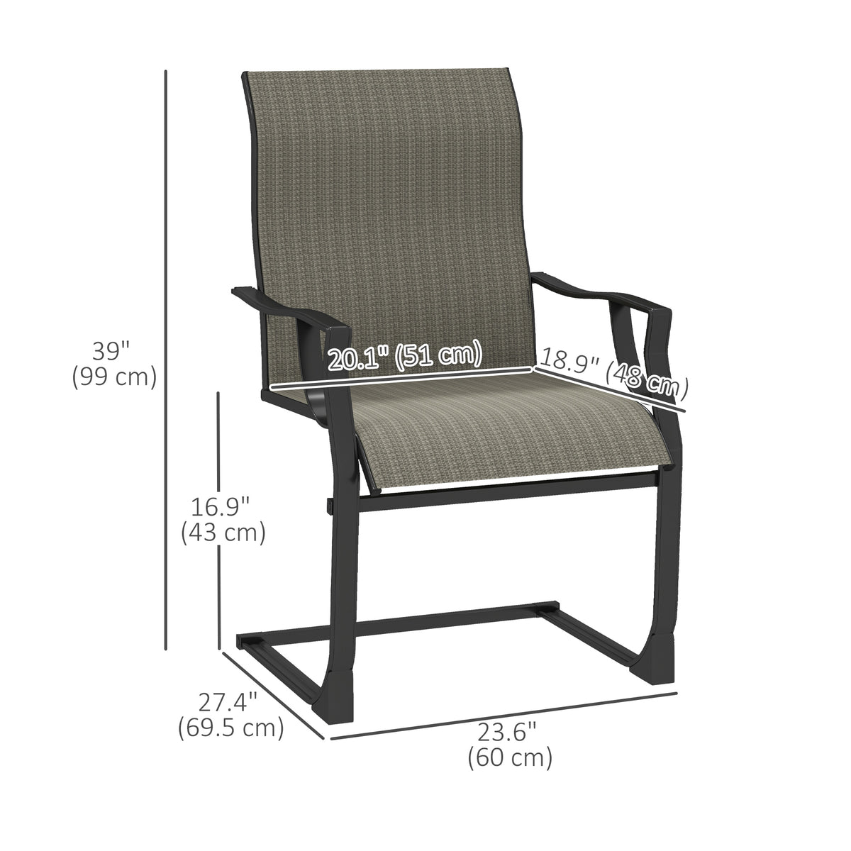 C Spring Motion Patio Chairs Set of 2 with Curved High Backrest, Armrest, All Weather Breathable Fabric, Metal Frame